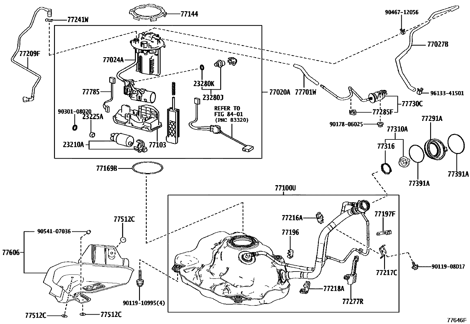 Toyota YARIS 燃油箱和燃油管 EPC diagram — 77646F