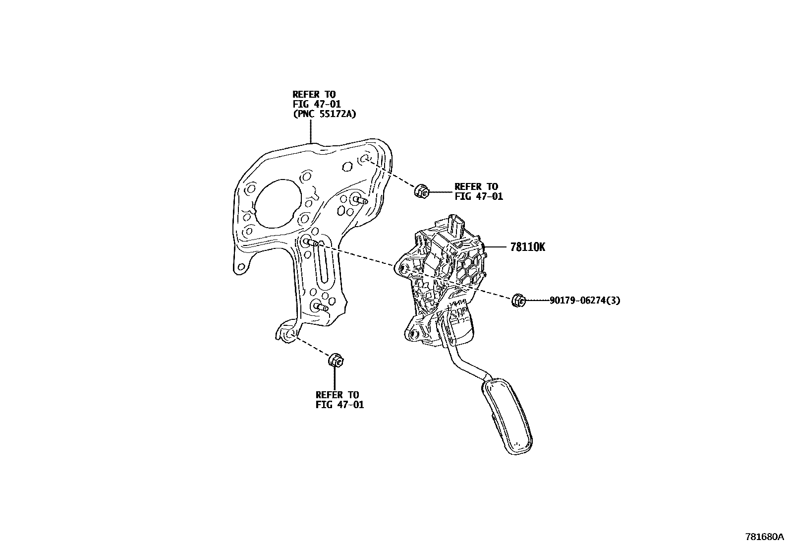 Toyota YARIS accelerator pedal connecting rod EPC diagram — 781680A