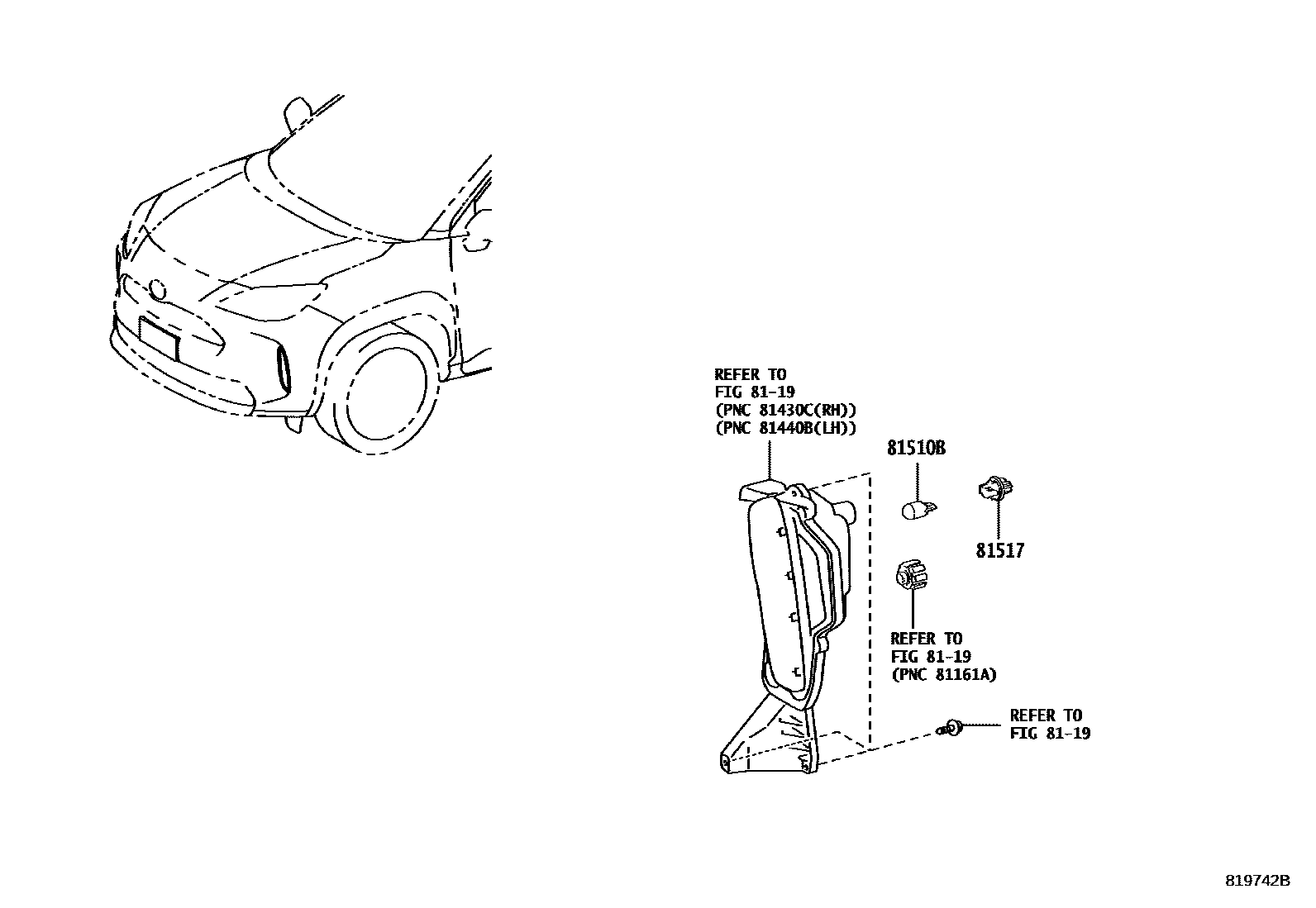 Toyota YARIS 前转向灯 EPC diagram — 819742B