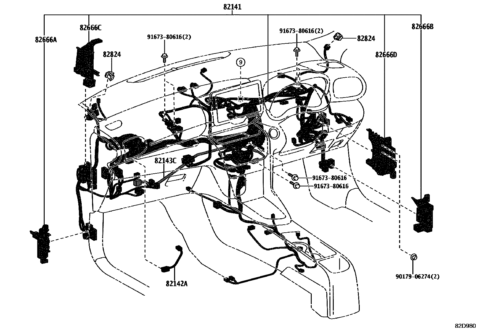 Toyota YARIS 线束和卡夹 EPC diagram — 82D980