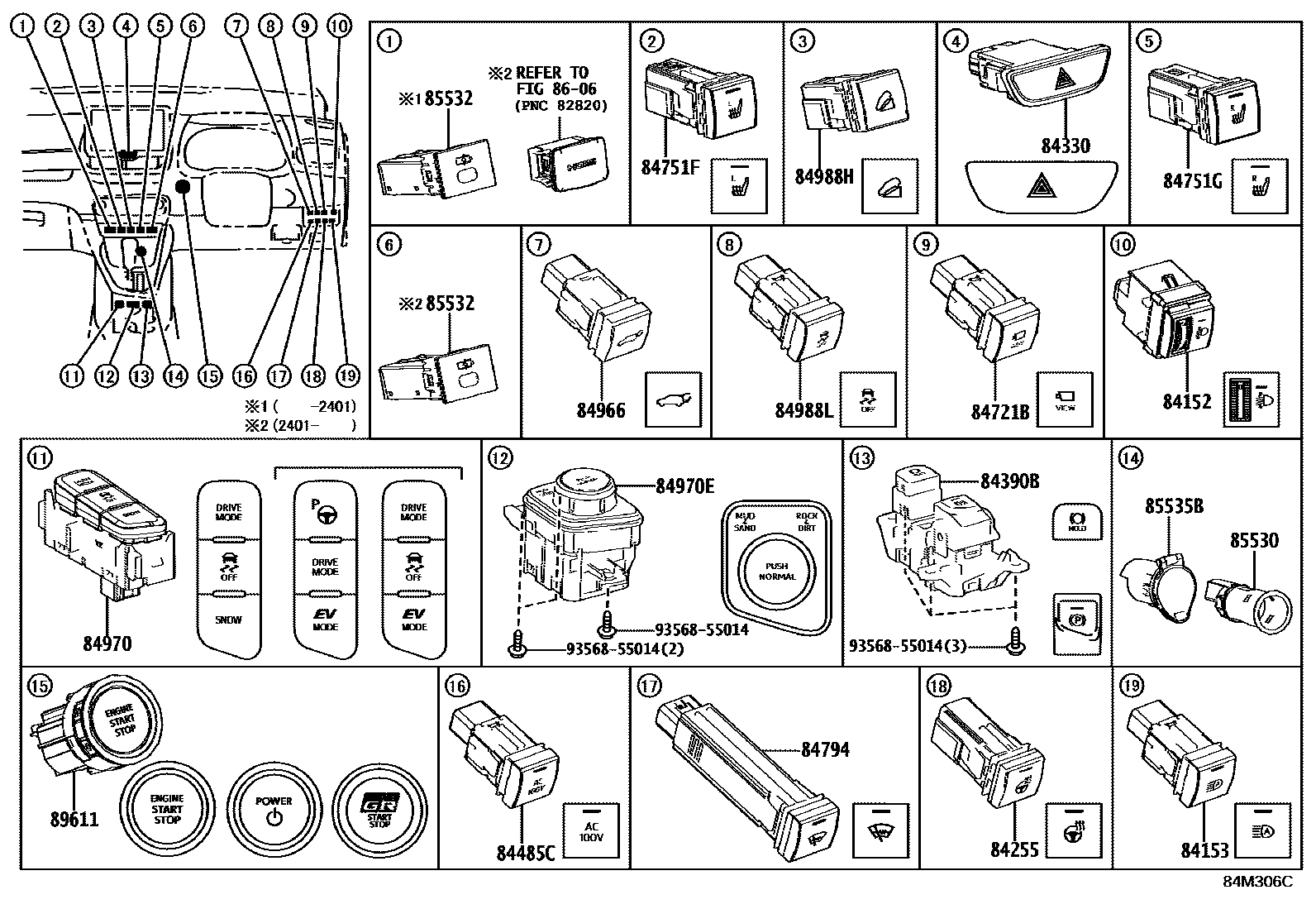 Toyota YARIS 开关和继电器和ECU EPC diagram — 84M306C