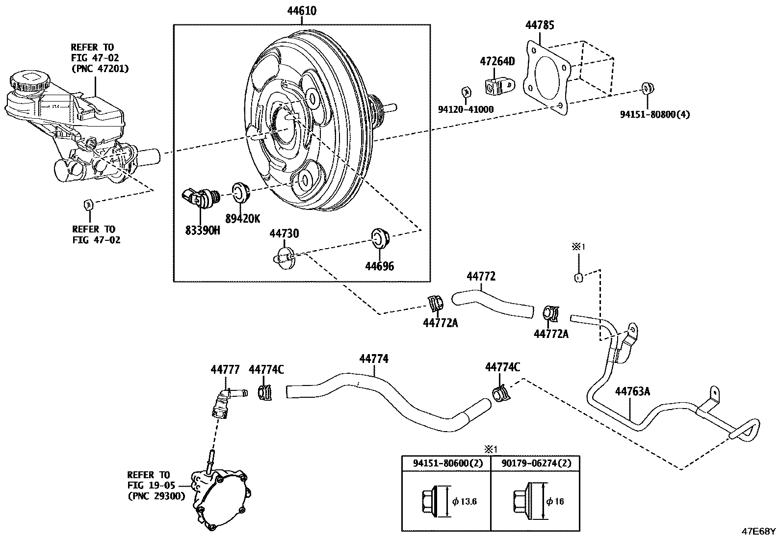 Toyota COROLLA 制动助力器和真空管 EPC diagram — 47E68Y