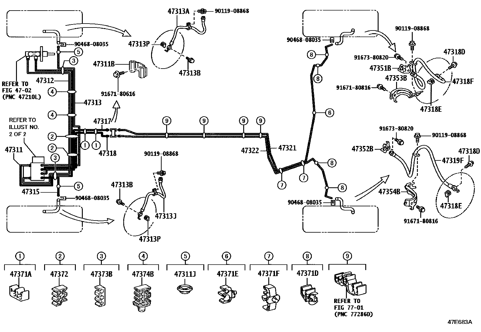 Toyota COROLLA 制动配管和卡箍 EPC diagram — 47E683A