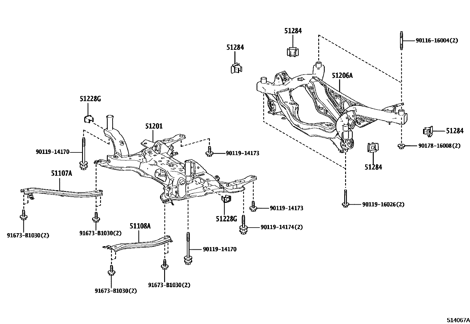 Toyota COROLLA 悬架横梁和发动机底罩 EPC diagram — 514067A