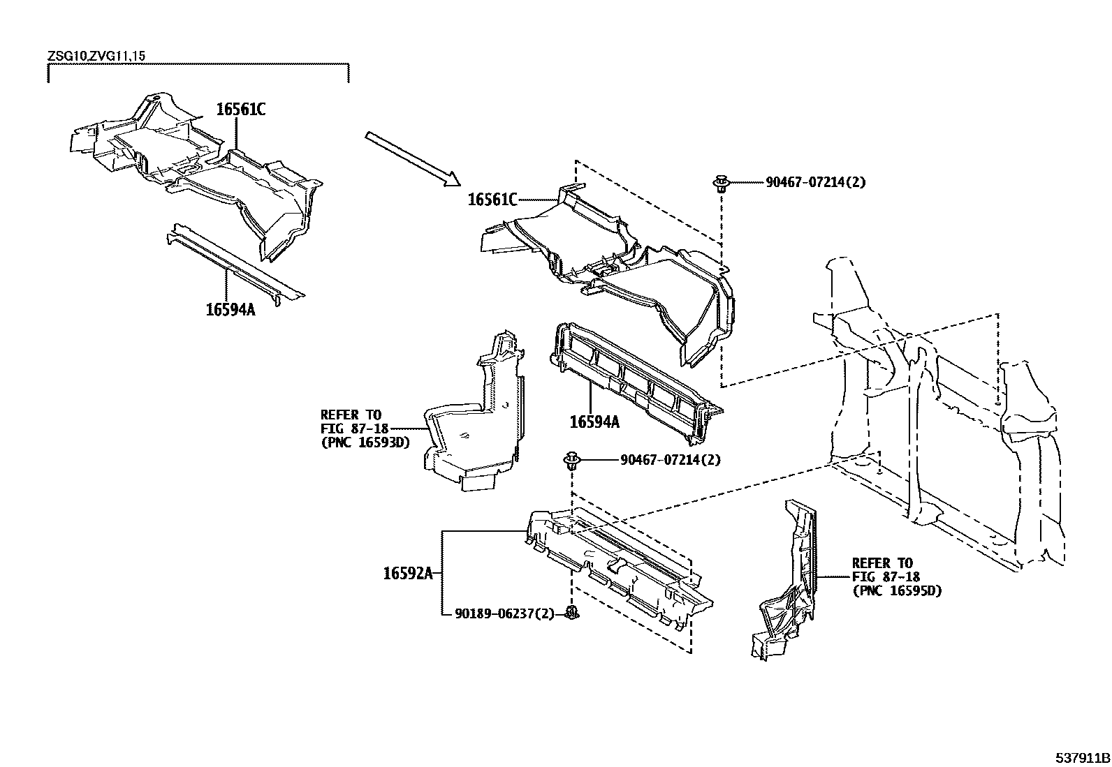 Toyota COROLLA 前翼子板挡泥板和前围板 EPC diagram — 537911B
