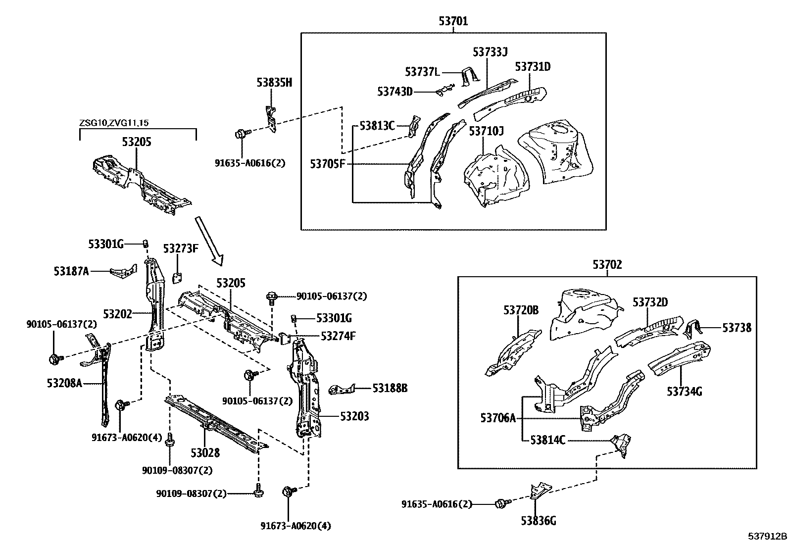 Toyota COROLLA 前翼子板挡泥板和前围板 EPC diagram — 537912B
