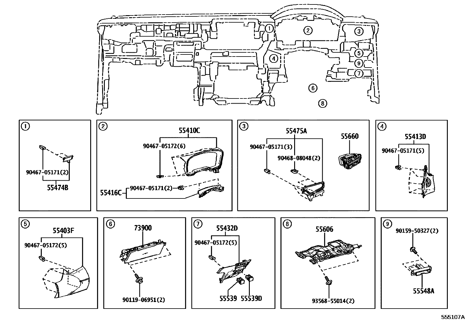 Toyota COROLLA 仪表板和手套箱 EPC diagram — 555107A