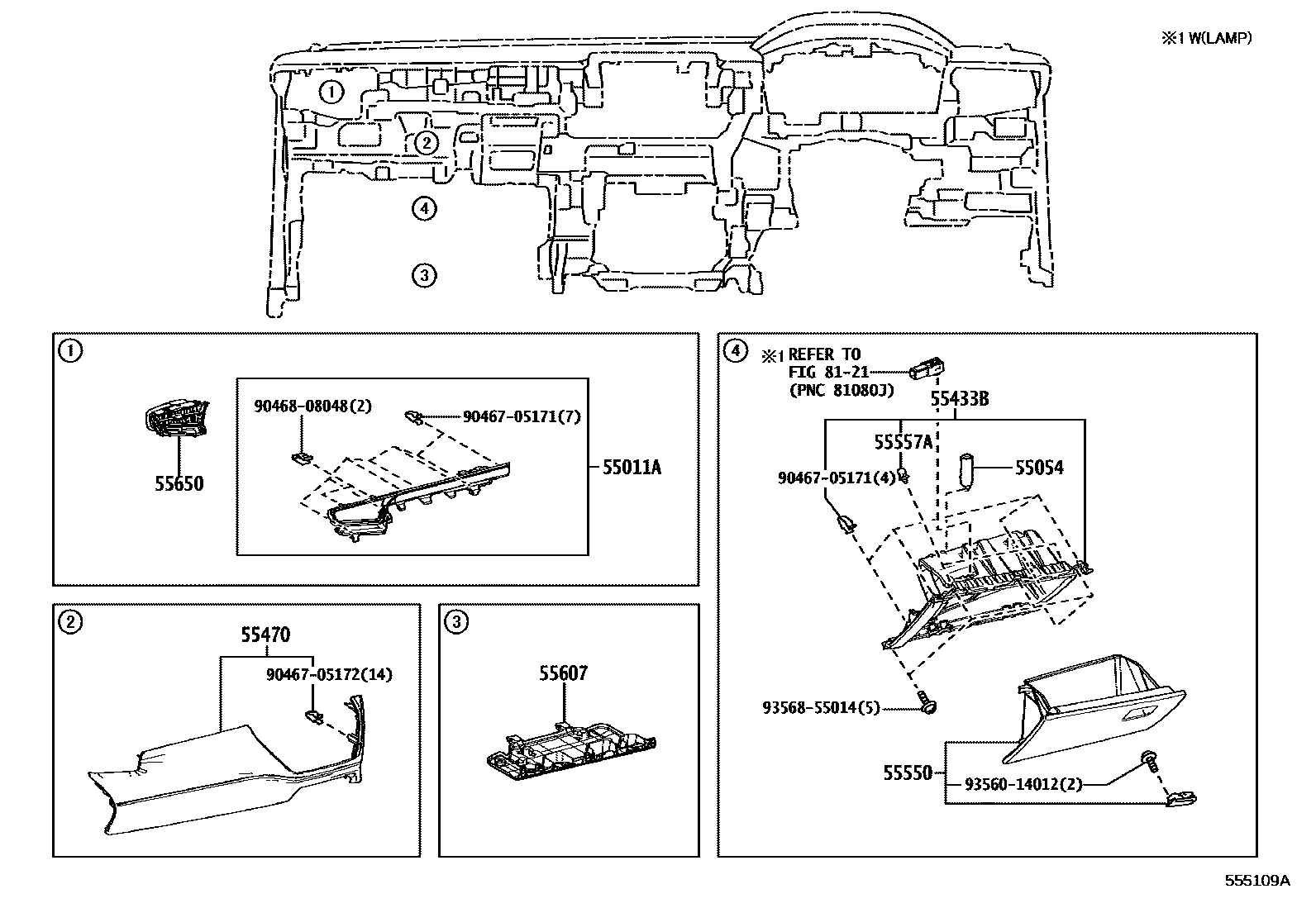 Toyota COROLLA 仪表板和手套箱 EPC diagram — 555109A