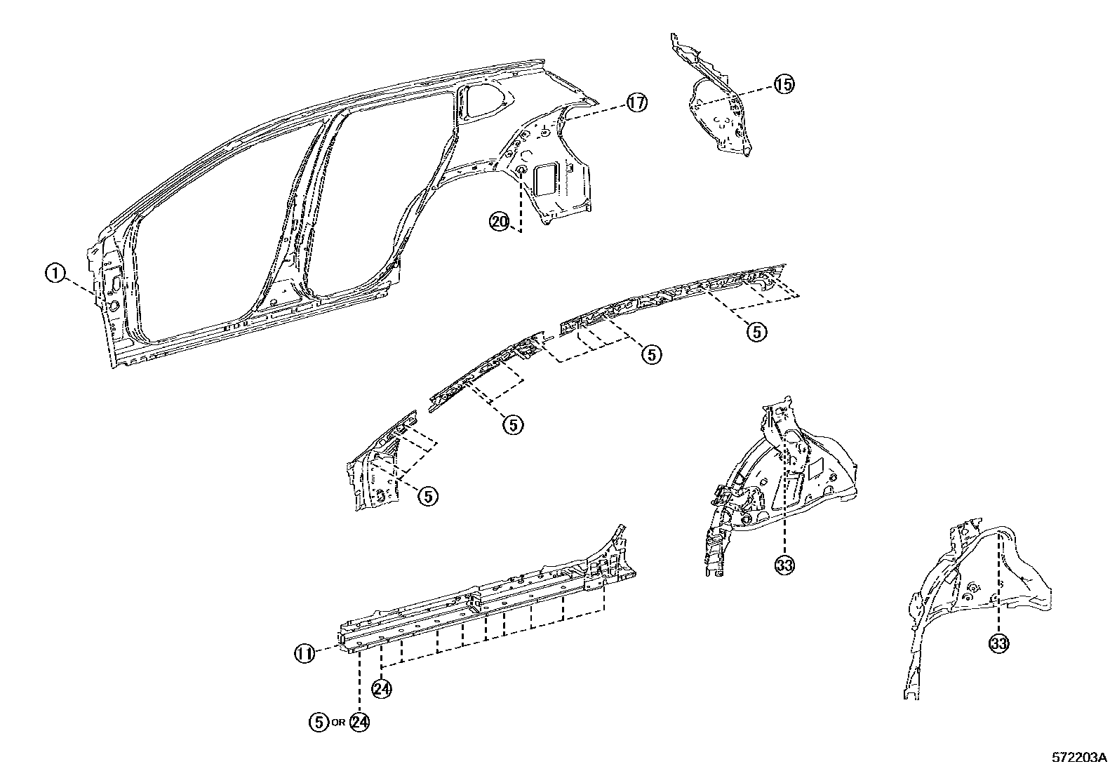 Toyota COROLLA hole plug EPC diagram — 572203A