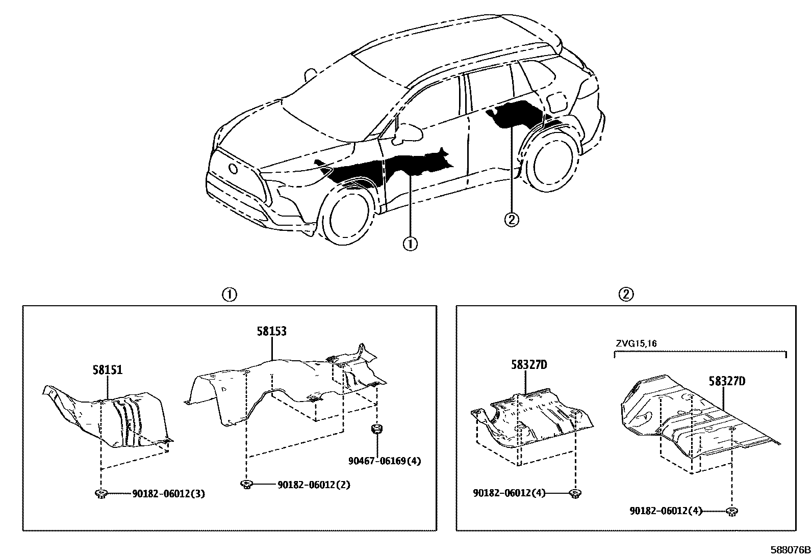 Toyota COROLLA 地板隔热垫 EPC diagram — 588076B