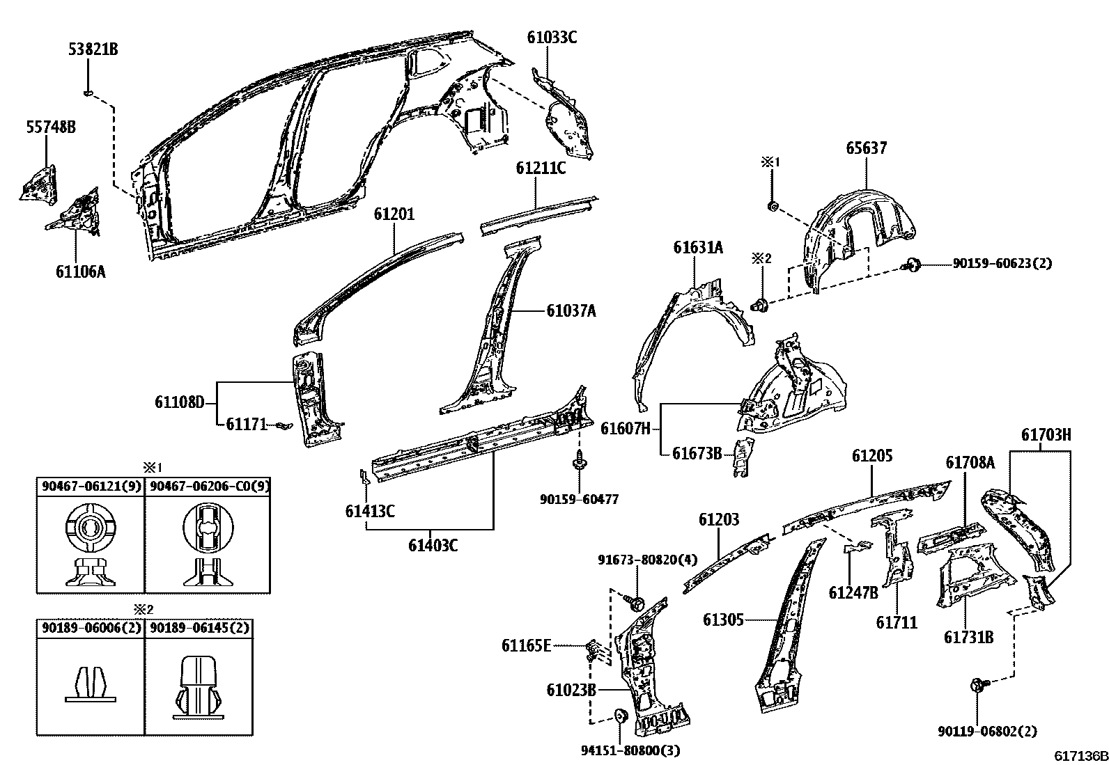 Toyota COROLLA 侧梁 EPC diagram — 617136B