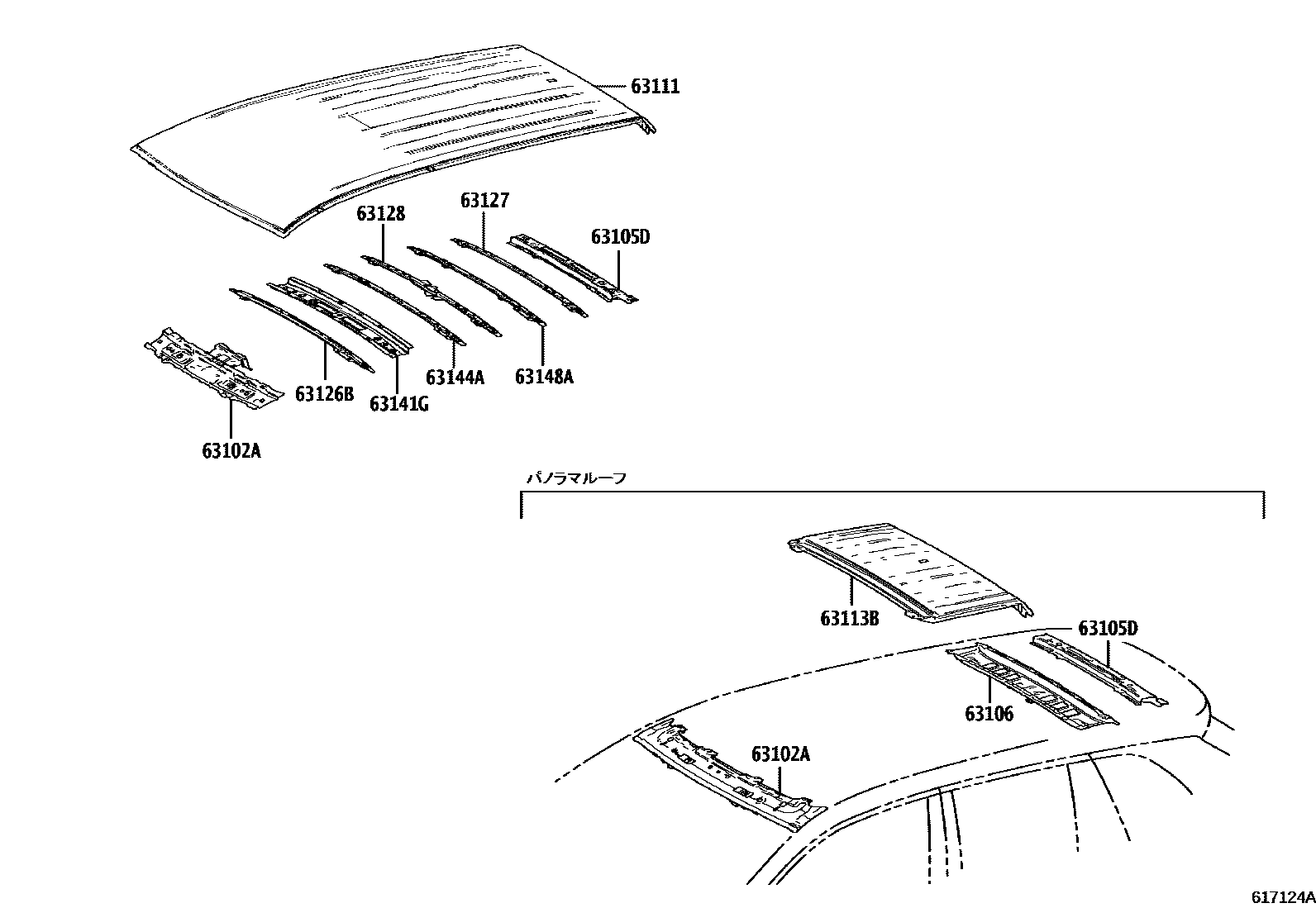 Toyota COROLLA 天窗板和背窗玻璃 EPC diagram — 617124A