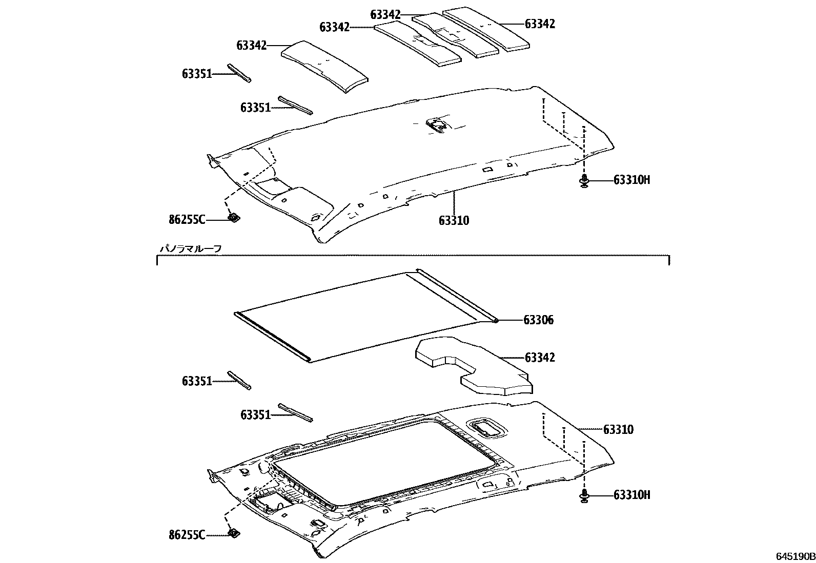 Toyota COROLLA 车顶内衬和消声垫 EPC diagram — 645190B