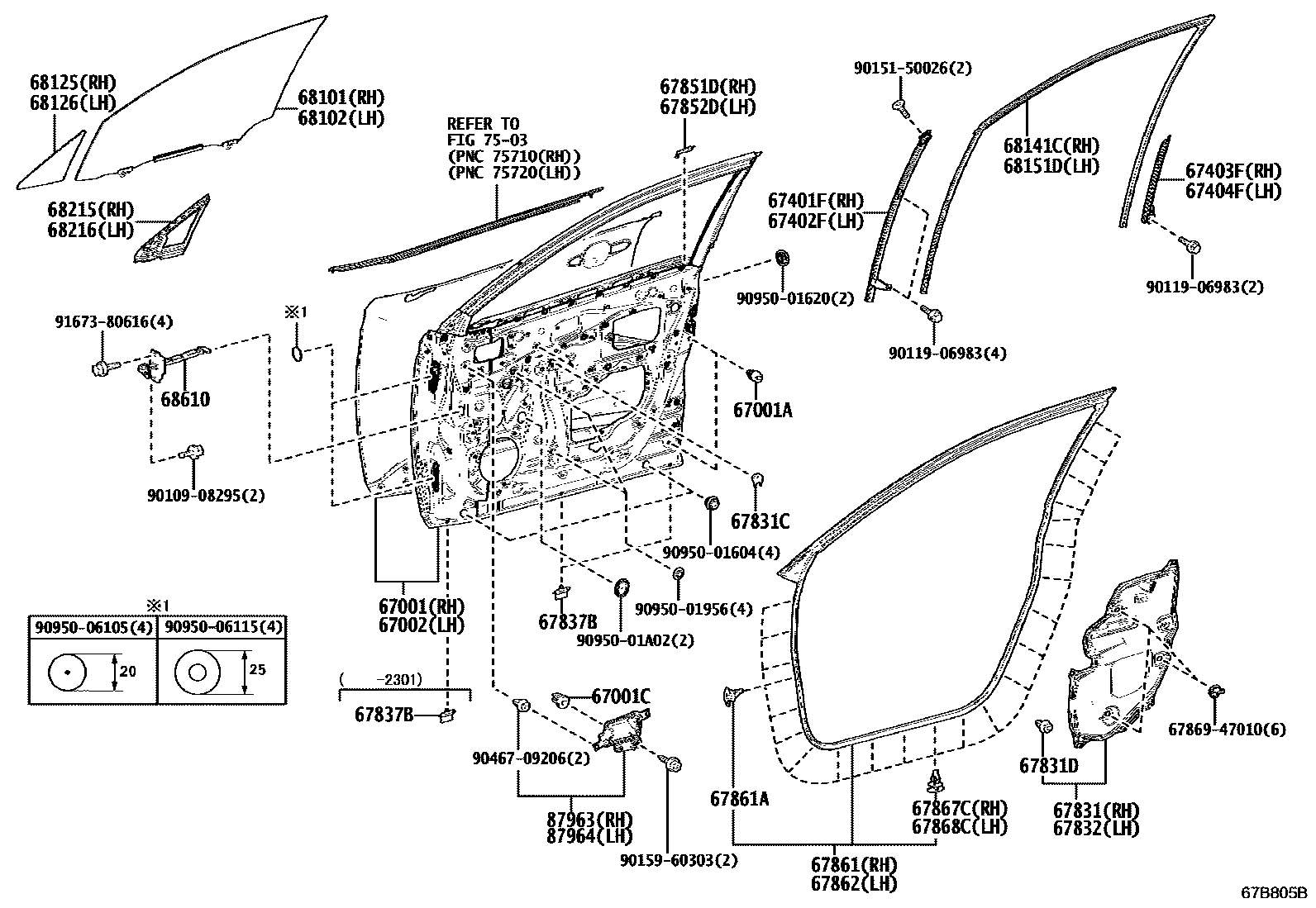 Toyota COROLLA 前门板和前门玻璃 EPC diagram — 67B805B