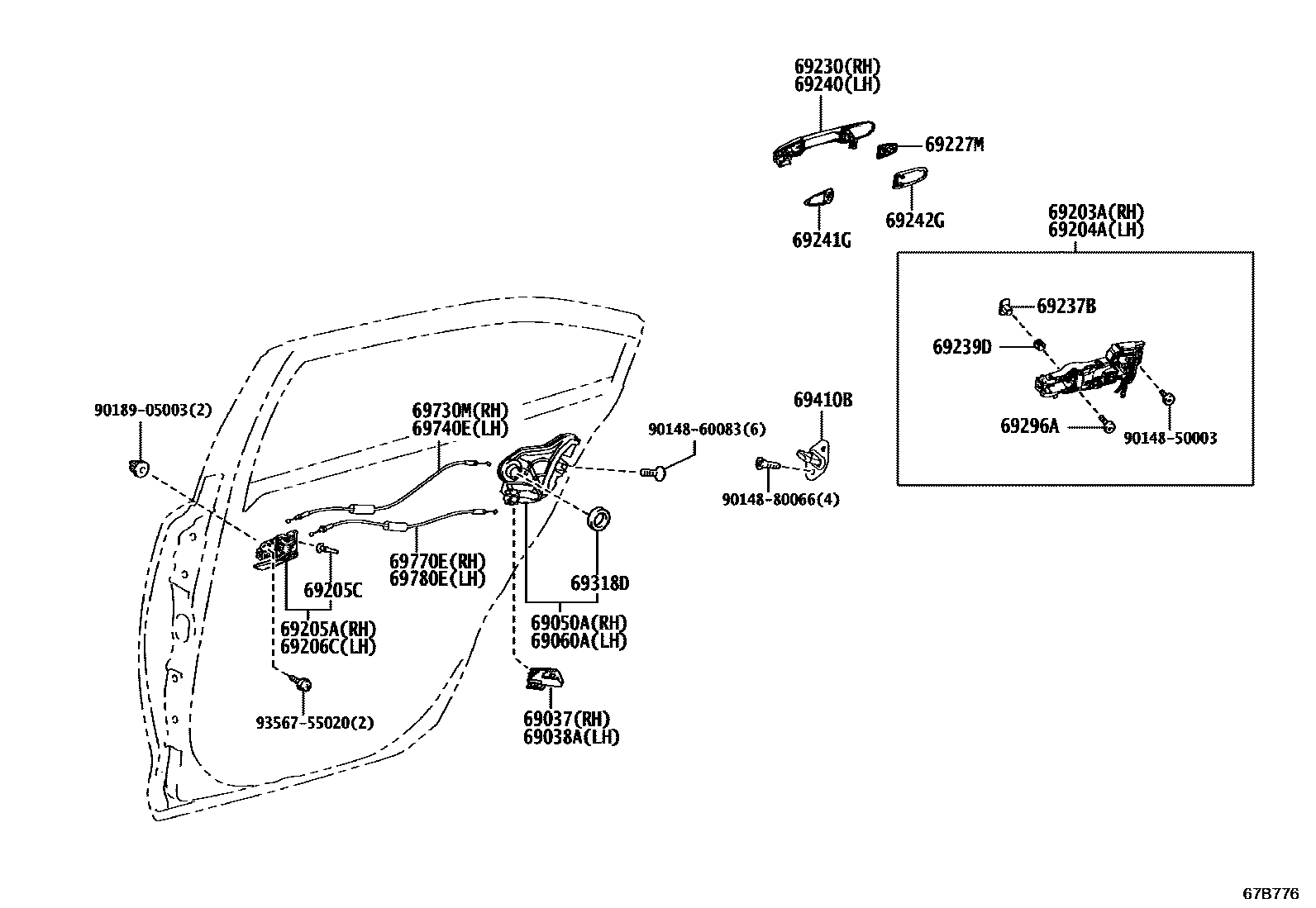 Toyota COROLLA 后门锁和后门把手 EPC diagram — 67B776