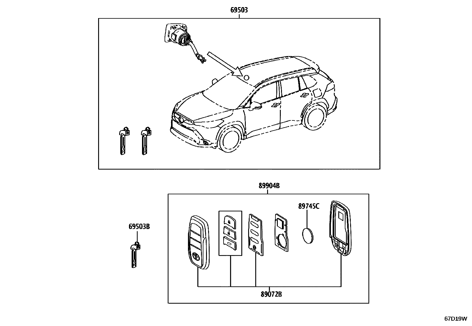 Toyota COROLLA 锁芯组件 EPC diagram — 67D19W