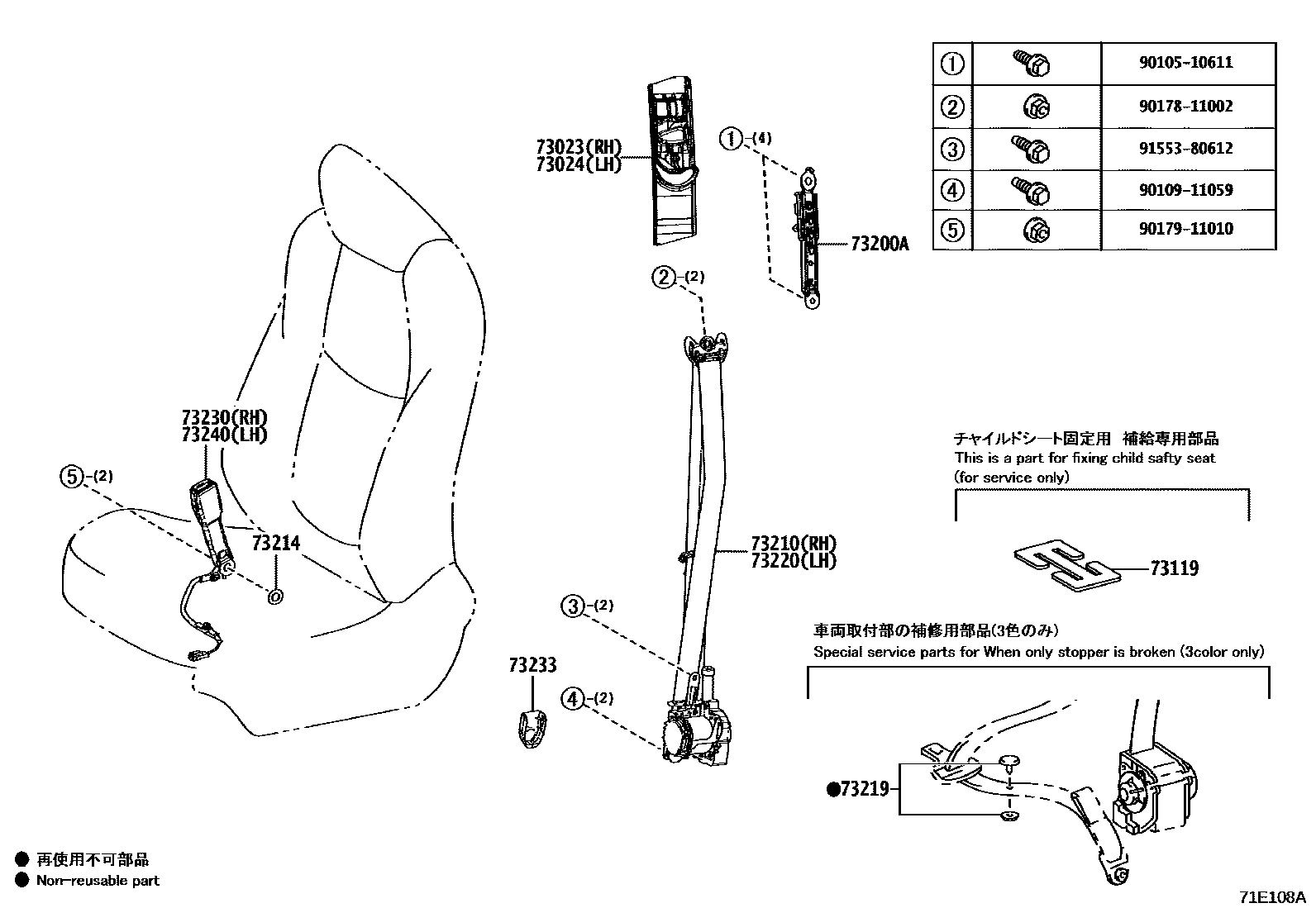 Toyota COROLLA 安全带和儿童保护座椅 EPC diagram — 71E108A