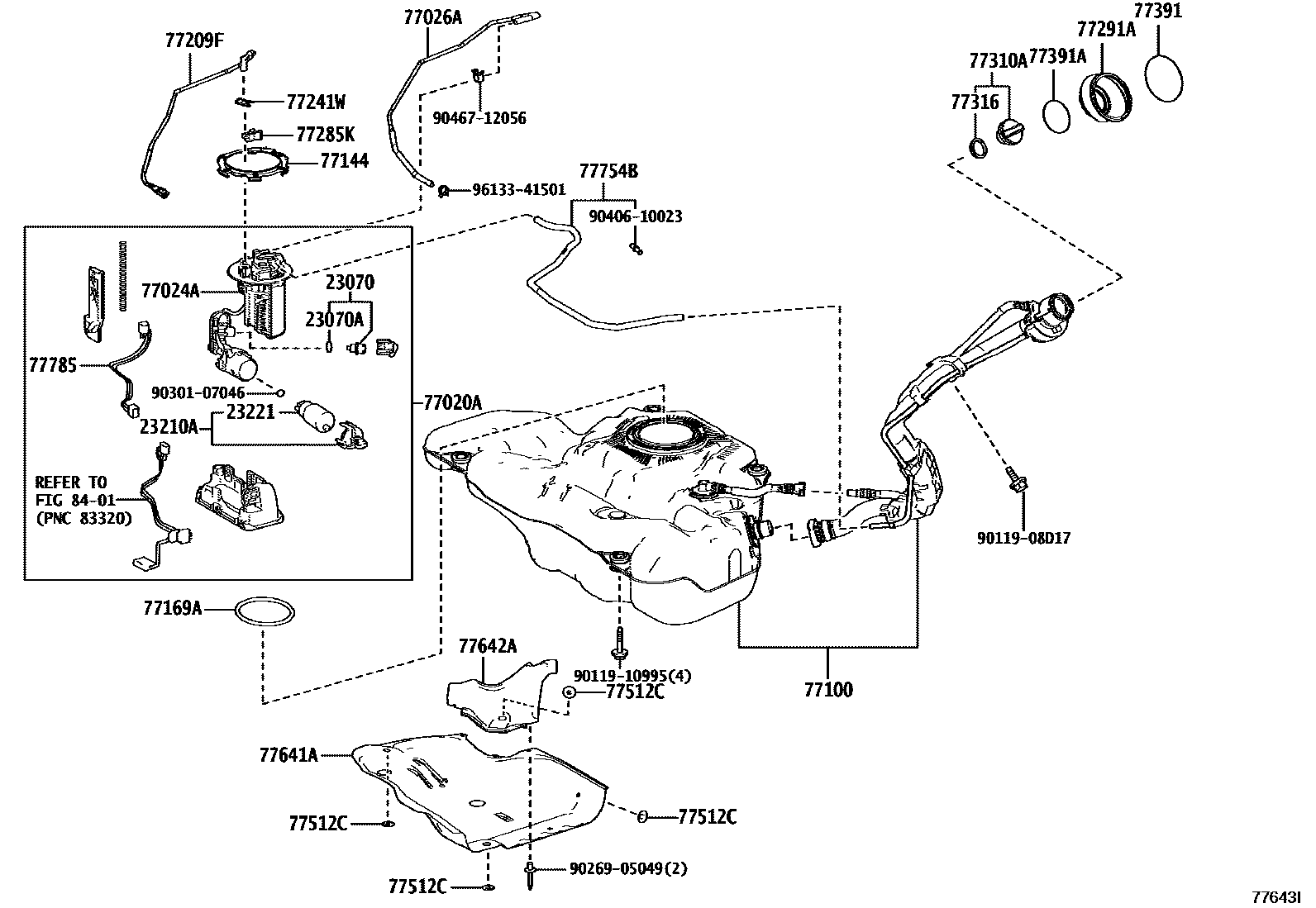 Toyota COROLLA 燃油箱和燃油管 EPC diagram — 77643I