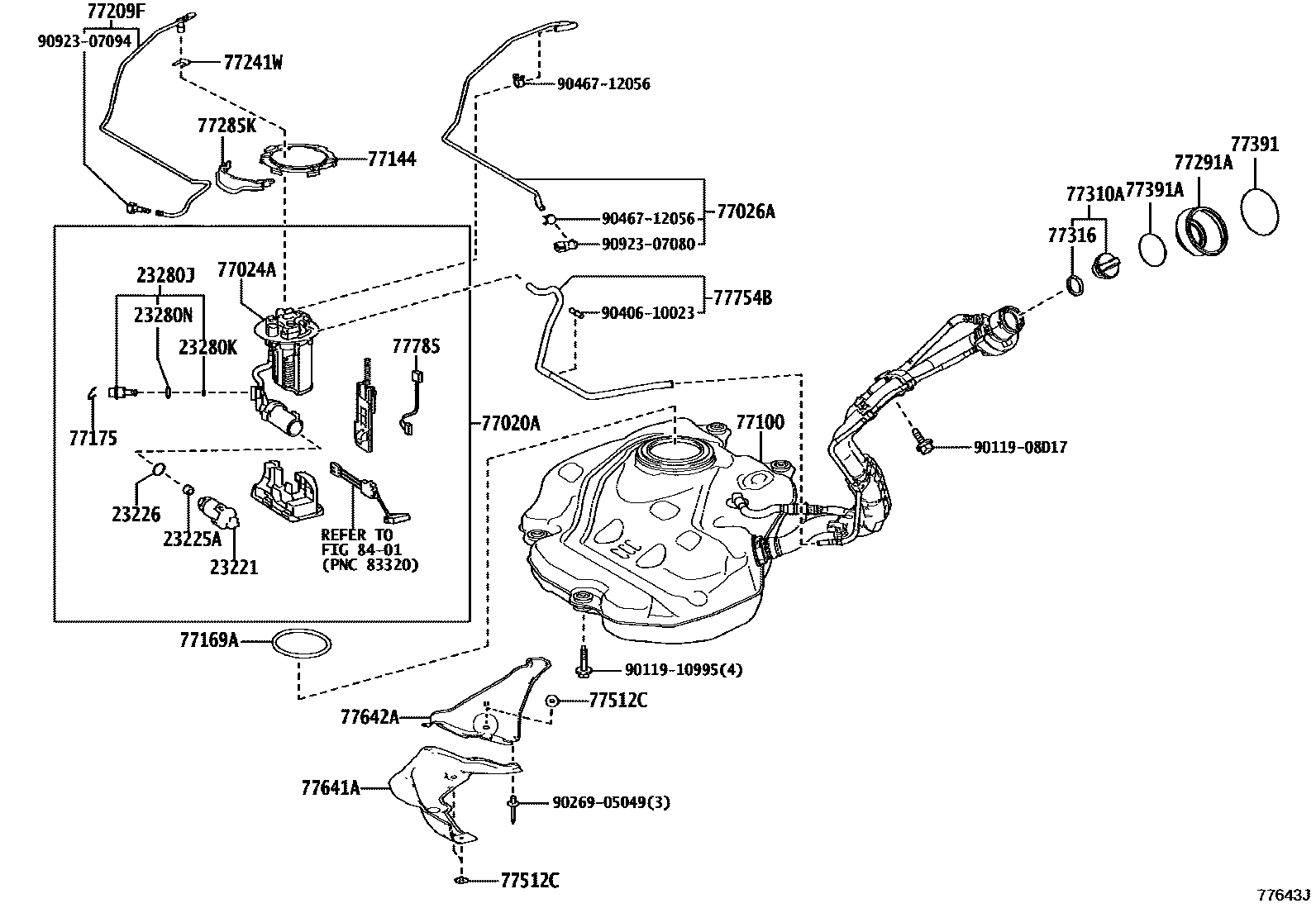 Toyota COROLLA 燃油箱和燃油管 EPC diagram — 77643J