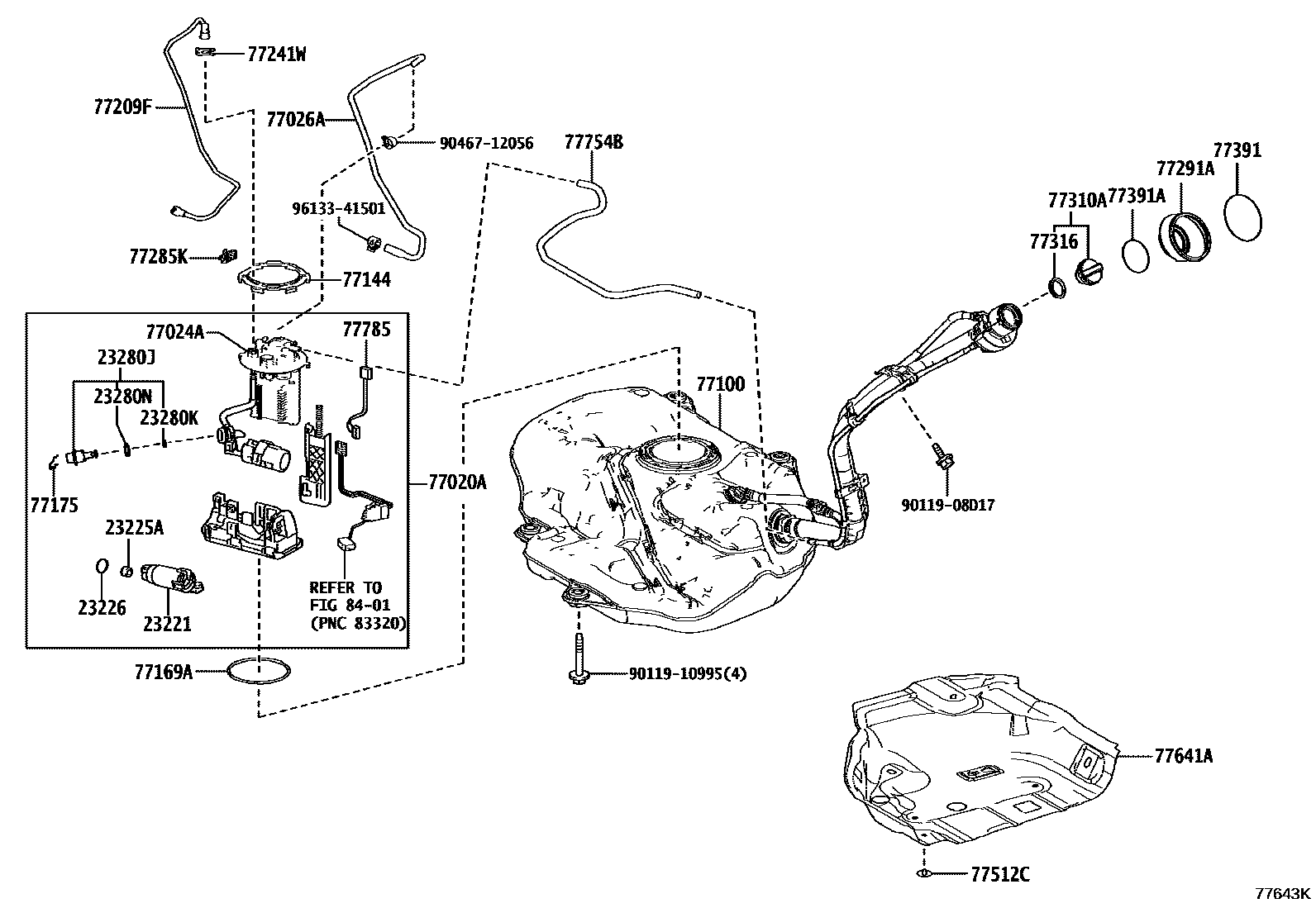 Toyota COROLLA 燃油箱和燃油管 EPC diagram — 77643K