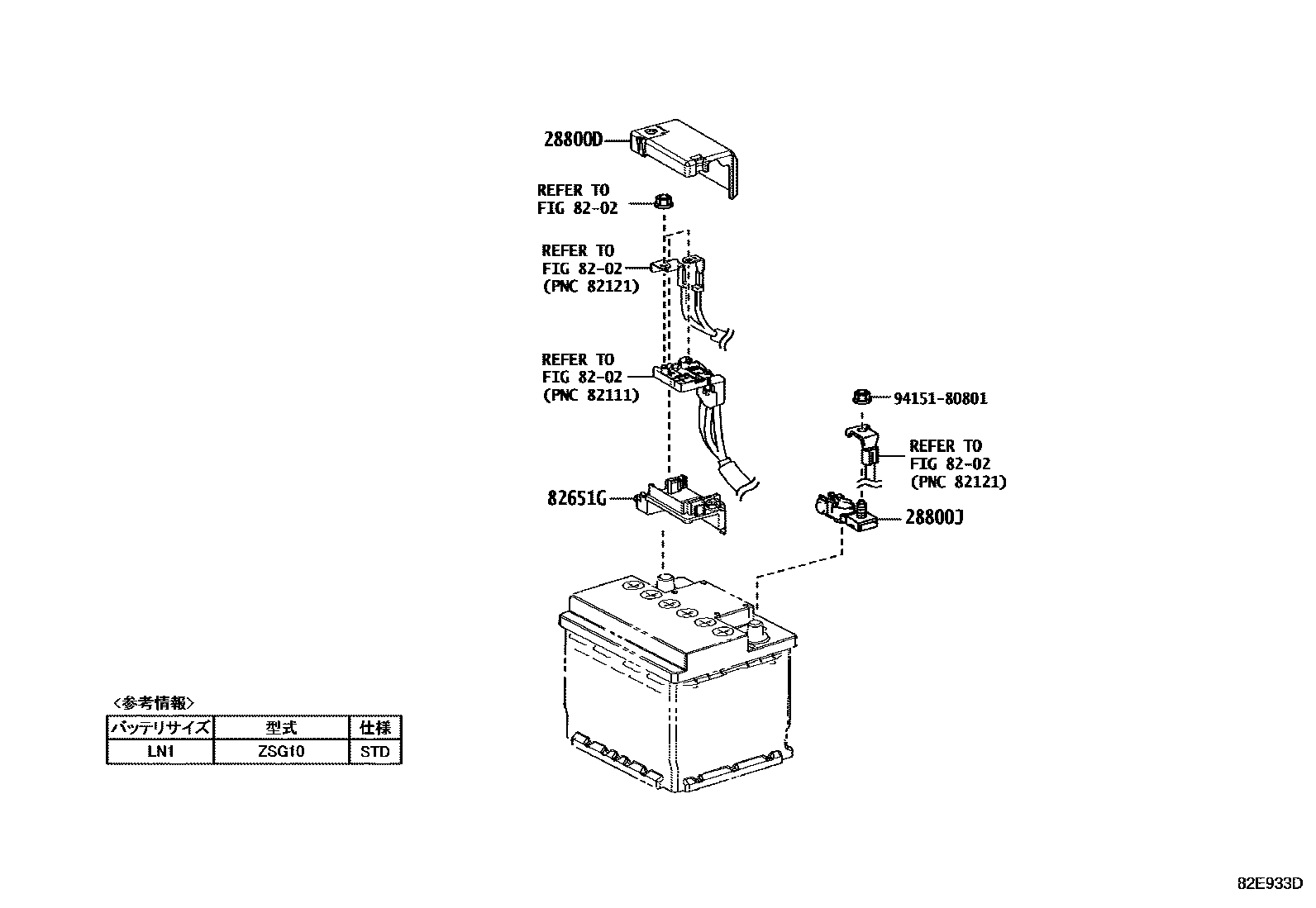 Toyota COROLLA 蓄电池和蓄电池电缆 EPC diagram — 82E933D