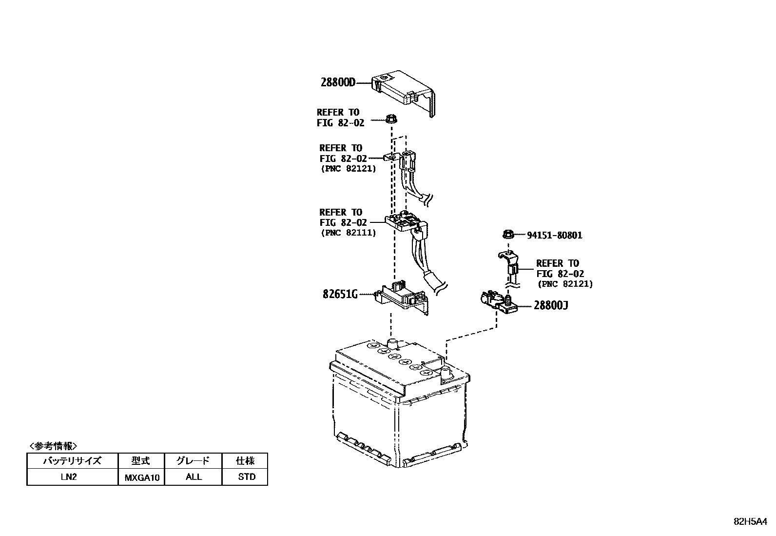 Toyota COROLLA 蓄电池和蓄电池电缆 EPC diagram — 82H5A4