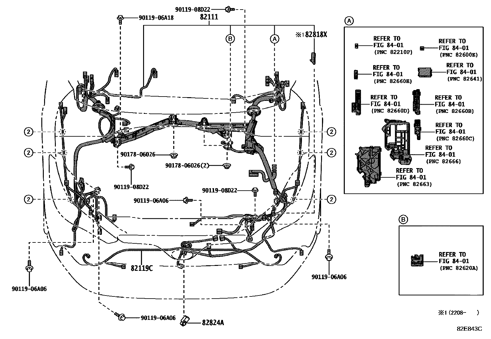 Toyota COROLLA 线束和卡夹 EPC diagram — 82E843C