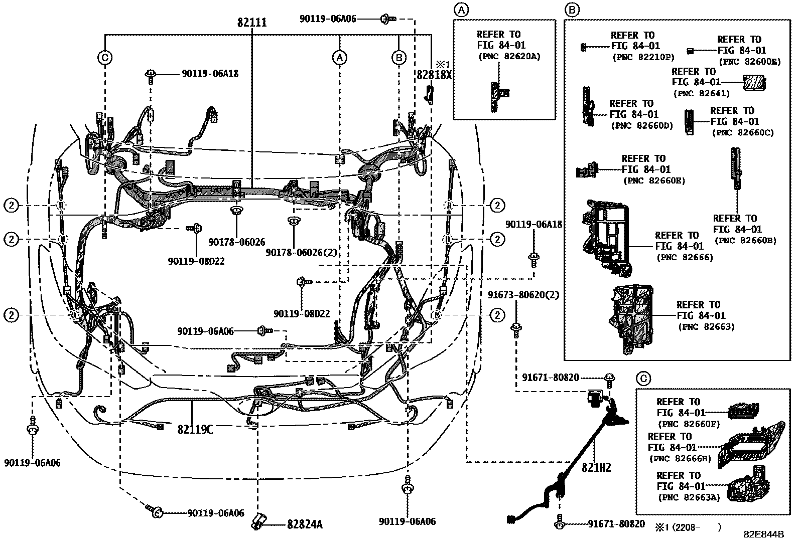 Toyota COROLLA 线束和卡夹 EPC diagram — 82E844B