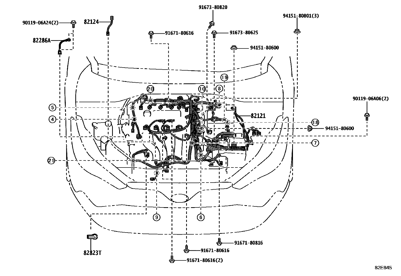 Toyota COROLLA 线束和卡夹 EPC diagram — 82E845