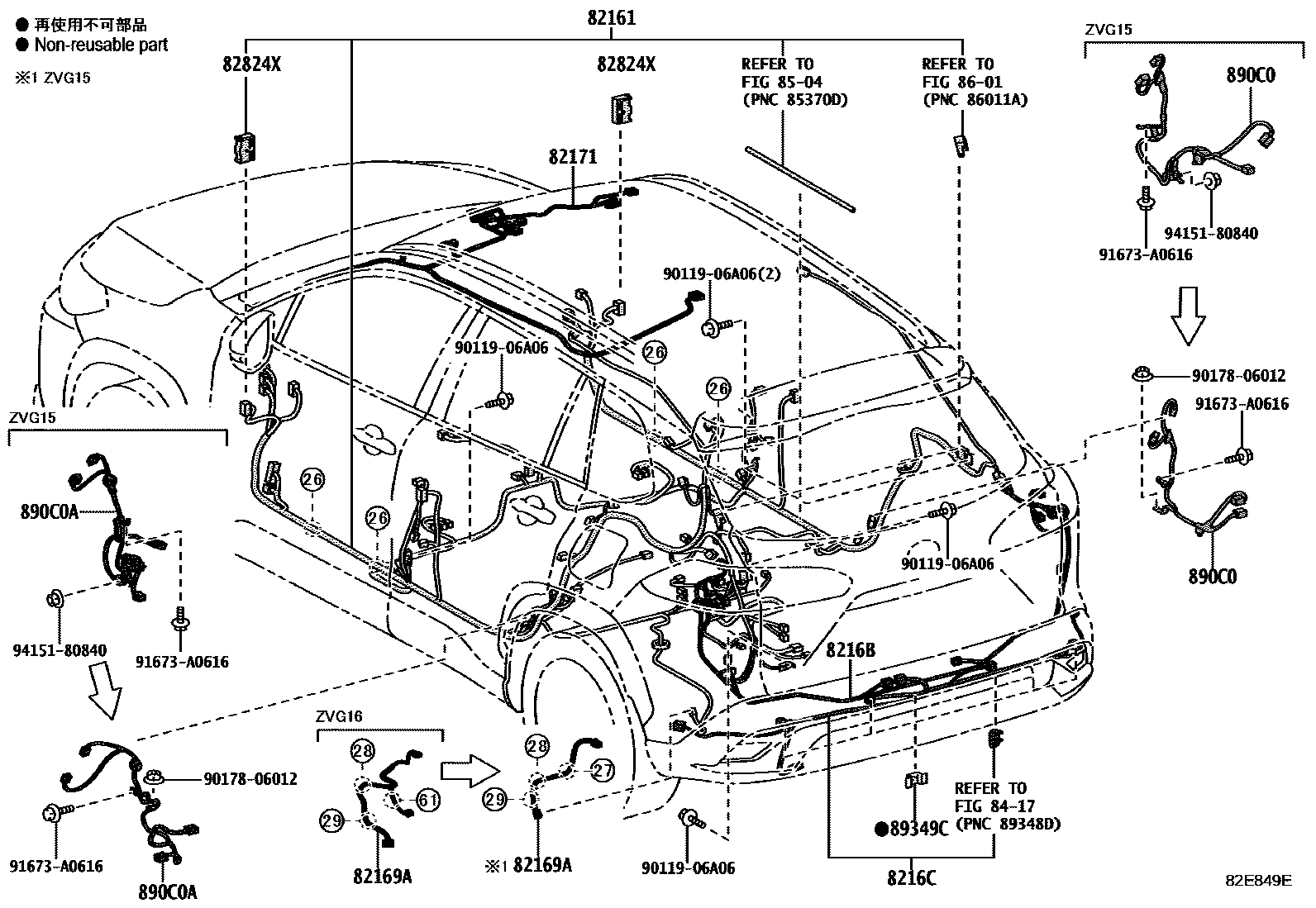 Toyota COROLLA 线束和卡夹 EPC diagram — 82E849E