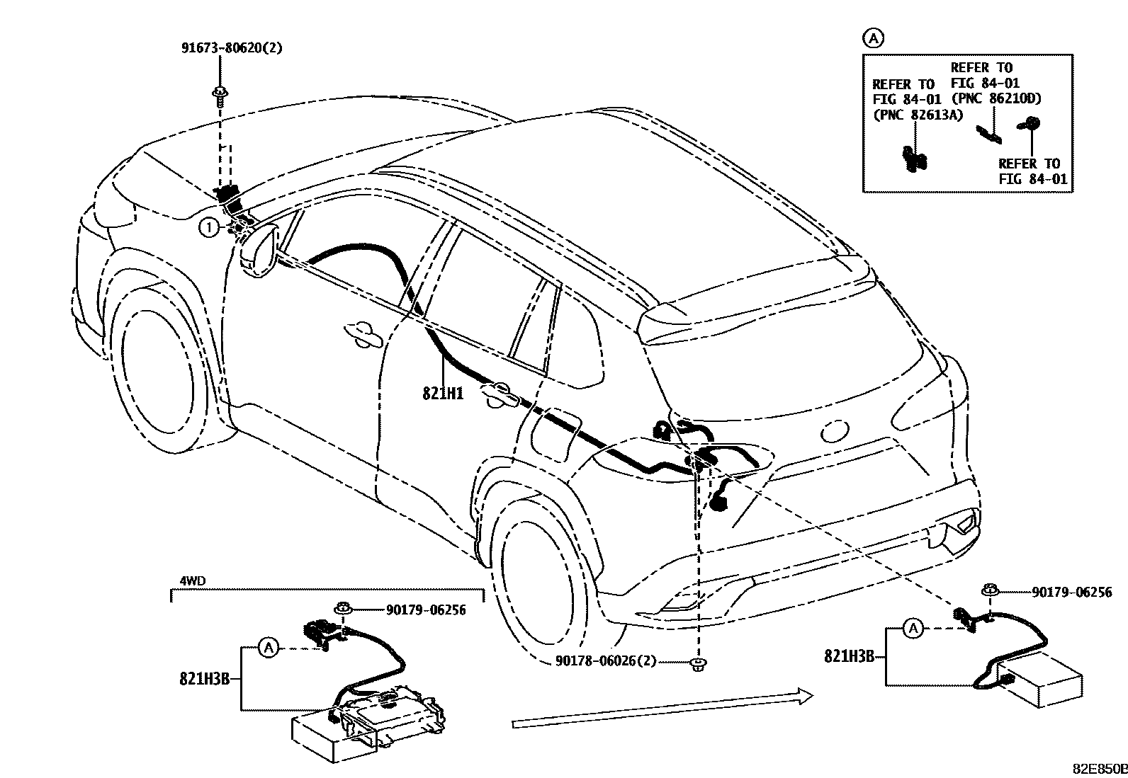 Toyota COROLLA 线束和卡夹 EPC diagram — 82E850B