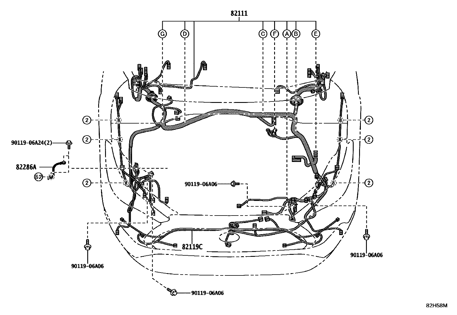 Toyota COROLLA 线束和卡夹 EPC diagram — 82H58M