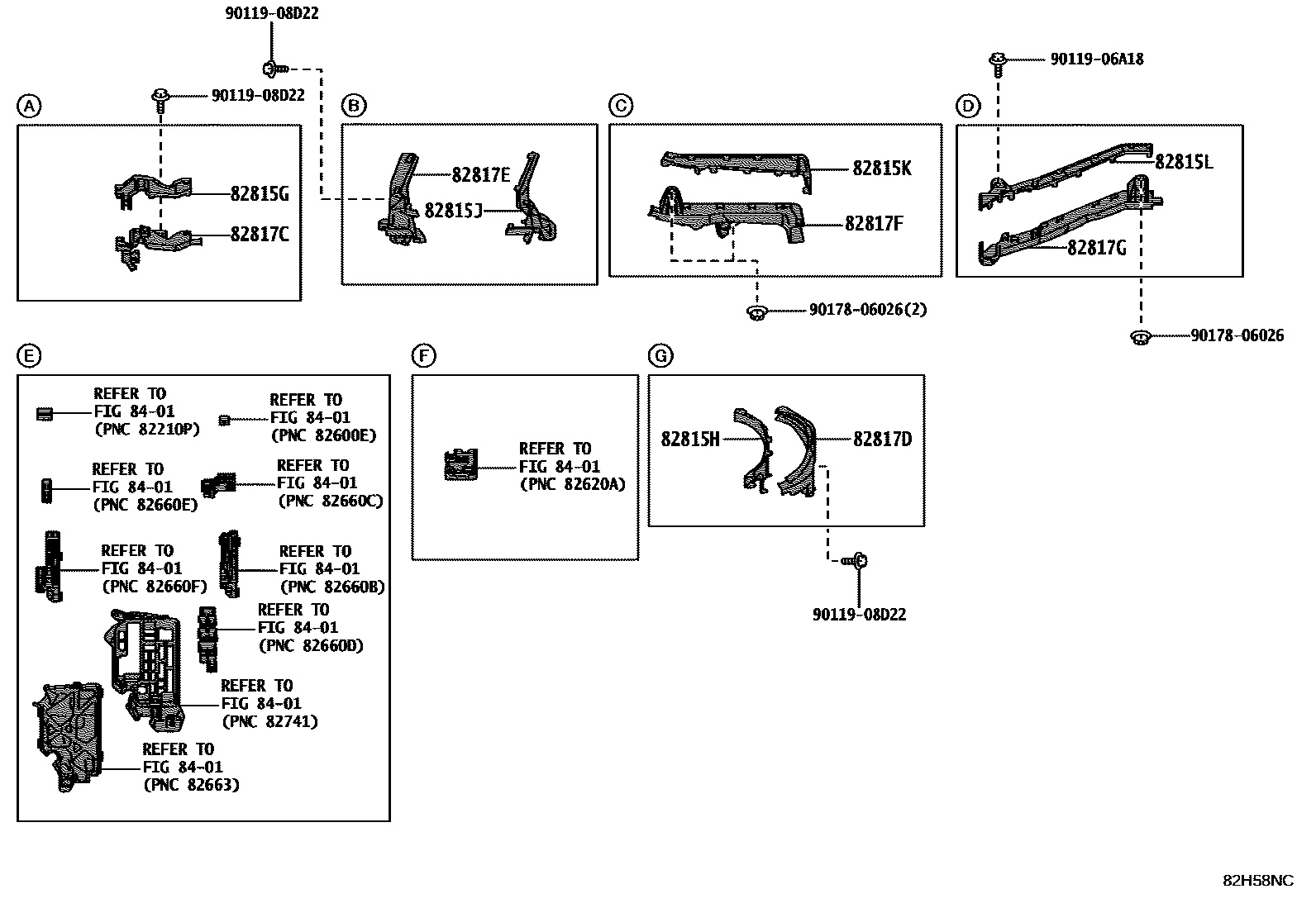 Toyota COROLLA 线束和卡夹 EPC diagram — 82H58NC