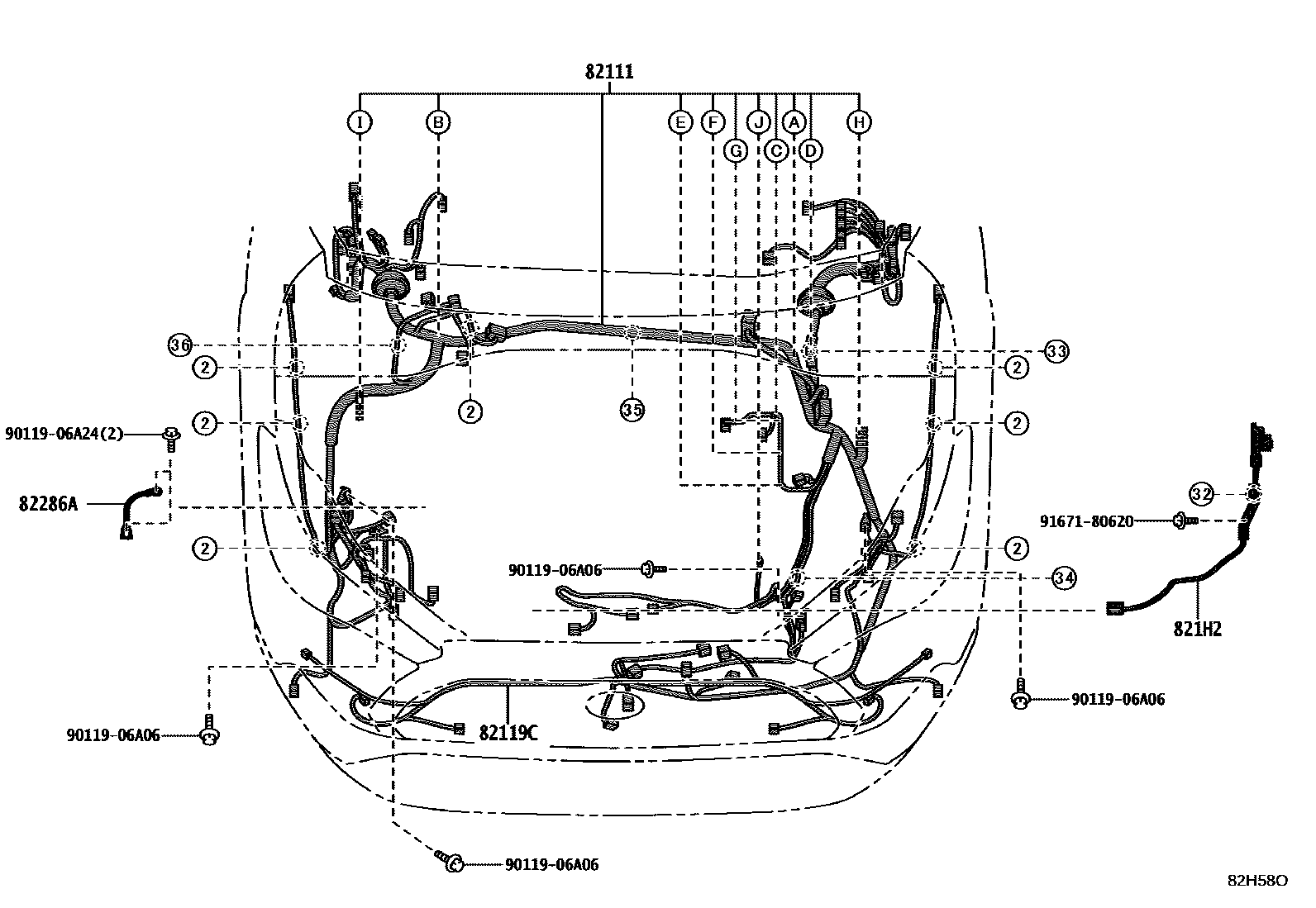 Toyota COROLLA 线束和卡夹 EPC diagram — 82H58O