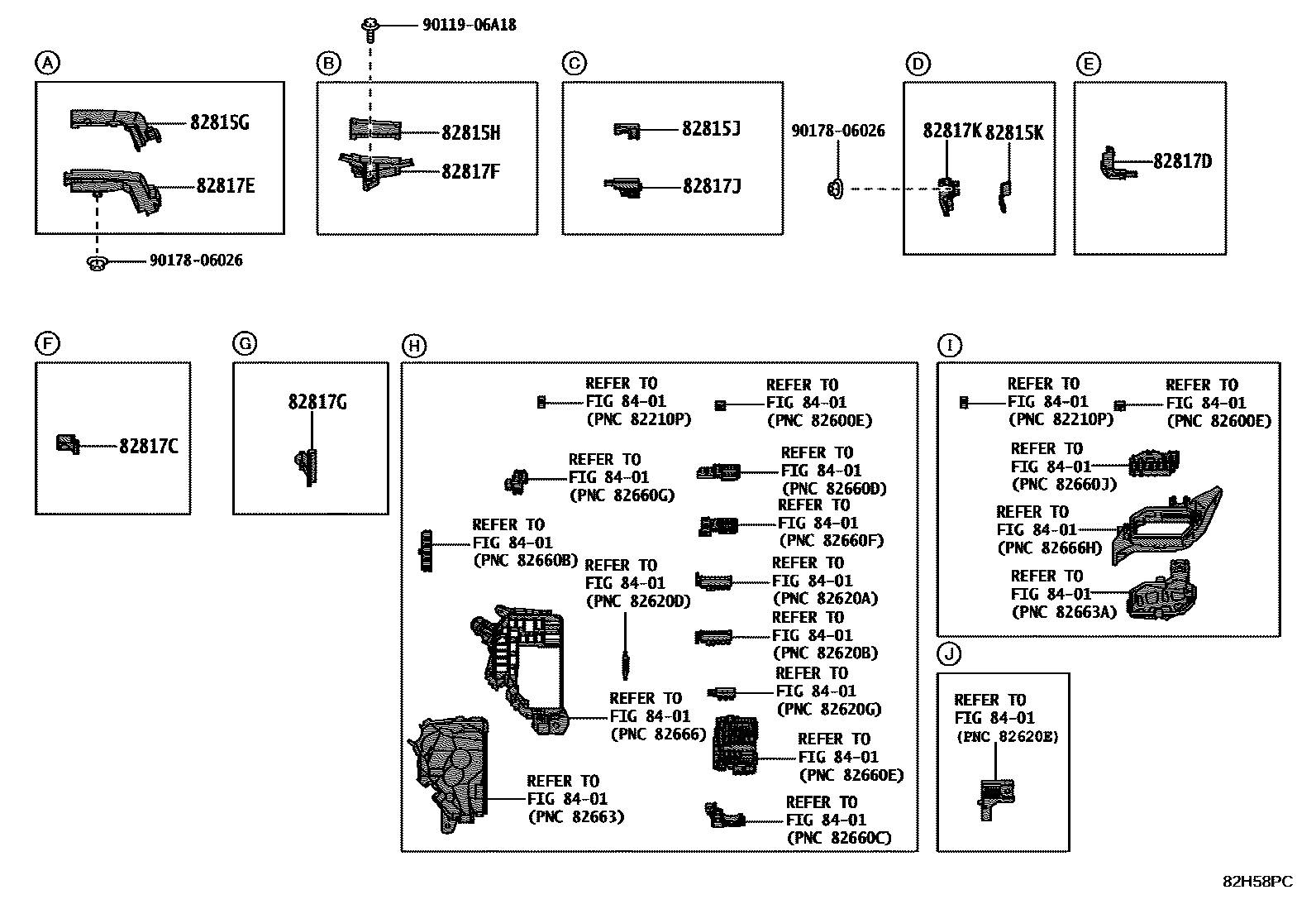 Toyota COROLLA 线束和卡夹 EPC diagram — 82H58PC