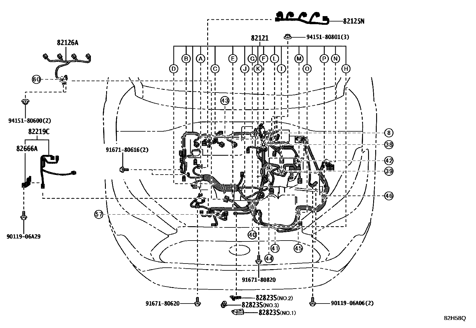 Toyota COROLLA 线束和卡夹 EPC diagram — 82H58Q