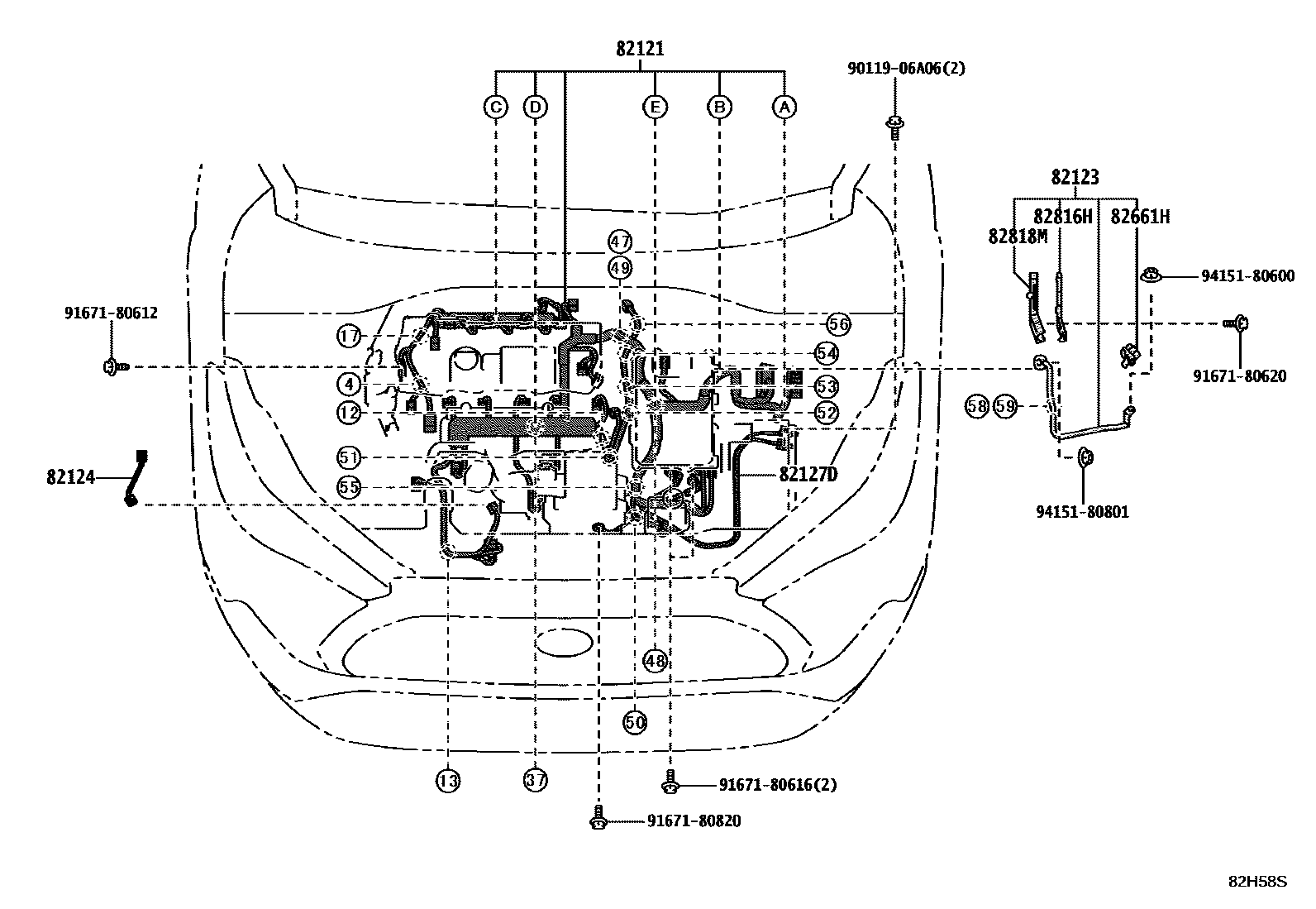 Toyota COROLLA 线束和卡夹 EPC diagram — 82H58S