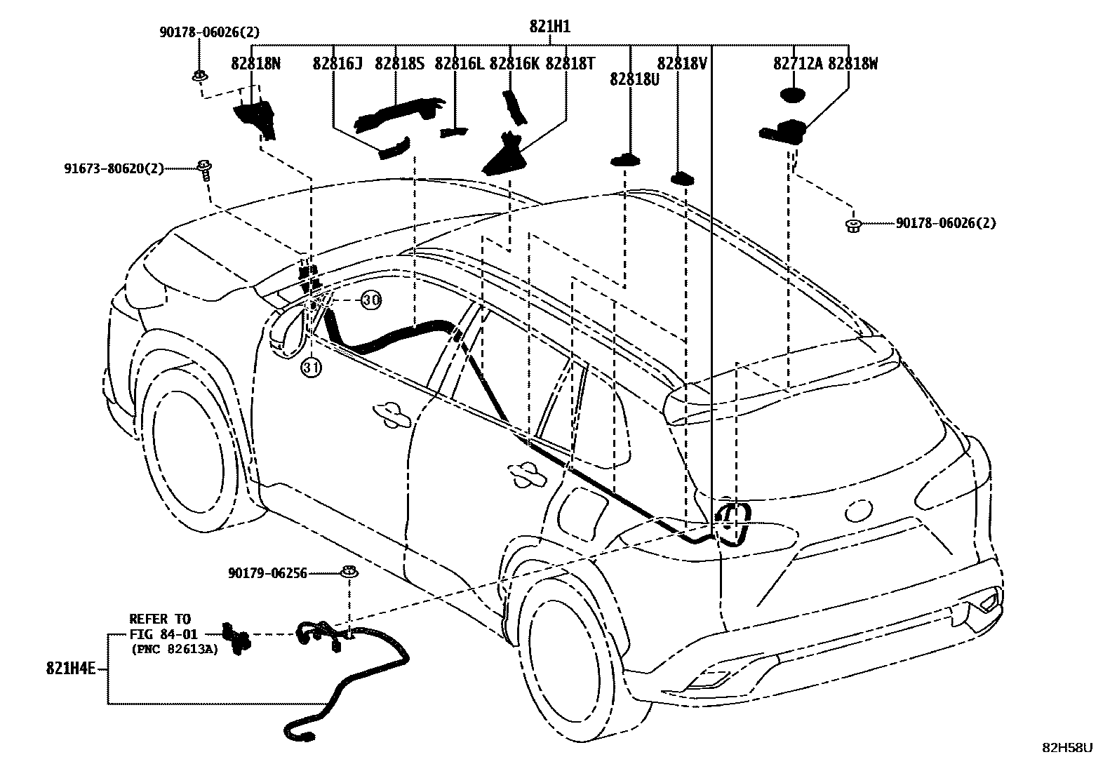 Toyota COROLLA 线束和卡夹 EPC diagram — 82H58U