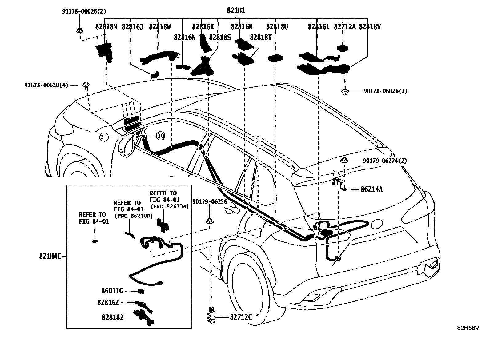 Toyota COROLLA 线束和卡夹 EPC diagram — 82H58V