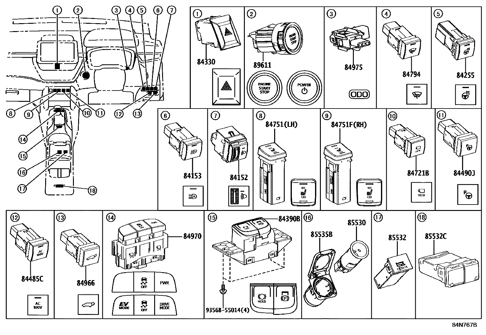 Toyota COROLLA 开关和继电器和ECU EPC diagram — 84N767B