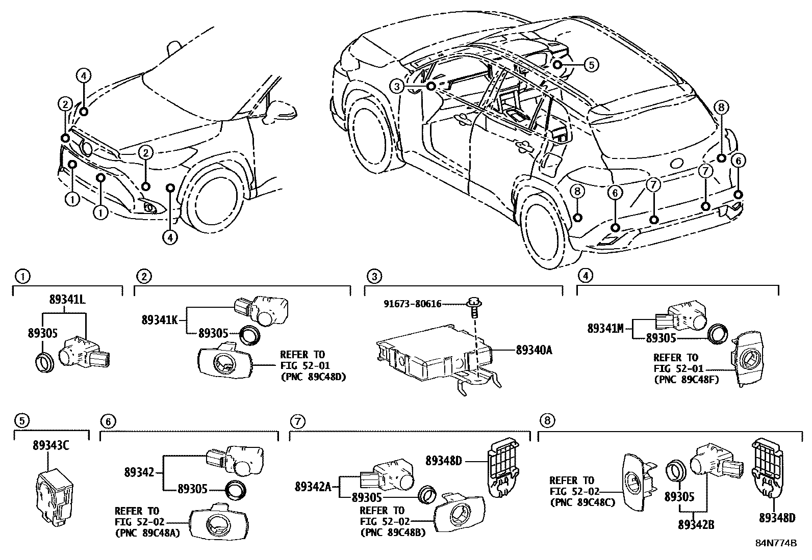 Toyota COROLLA 测距雷达和倒车雷达 EPC diagram — 84N774B