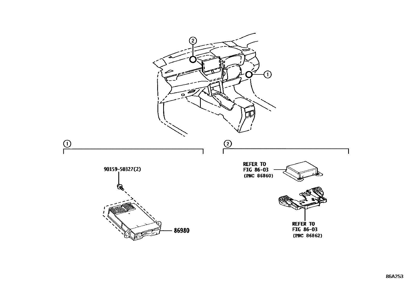 Toyota COROLLA 收音机通信和ETC EPC diagram — 86A253