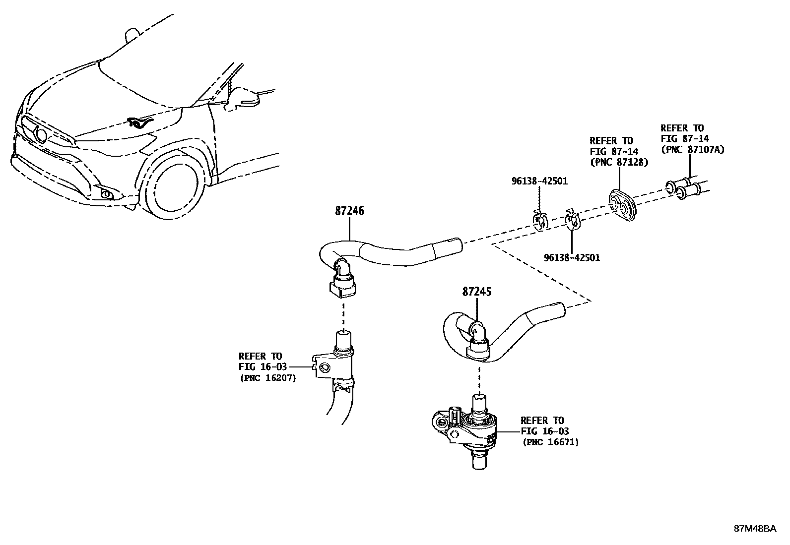 Toyota COROLLA 暖风和空调系统 - 水管 EPC diagram — 87M48BA