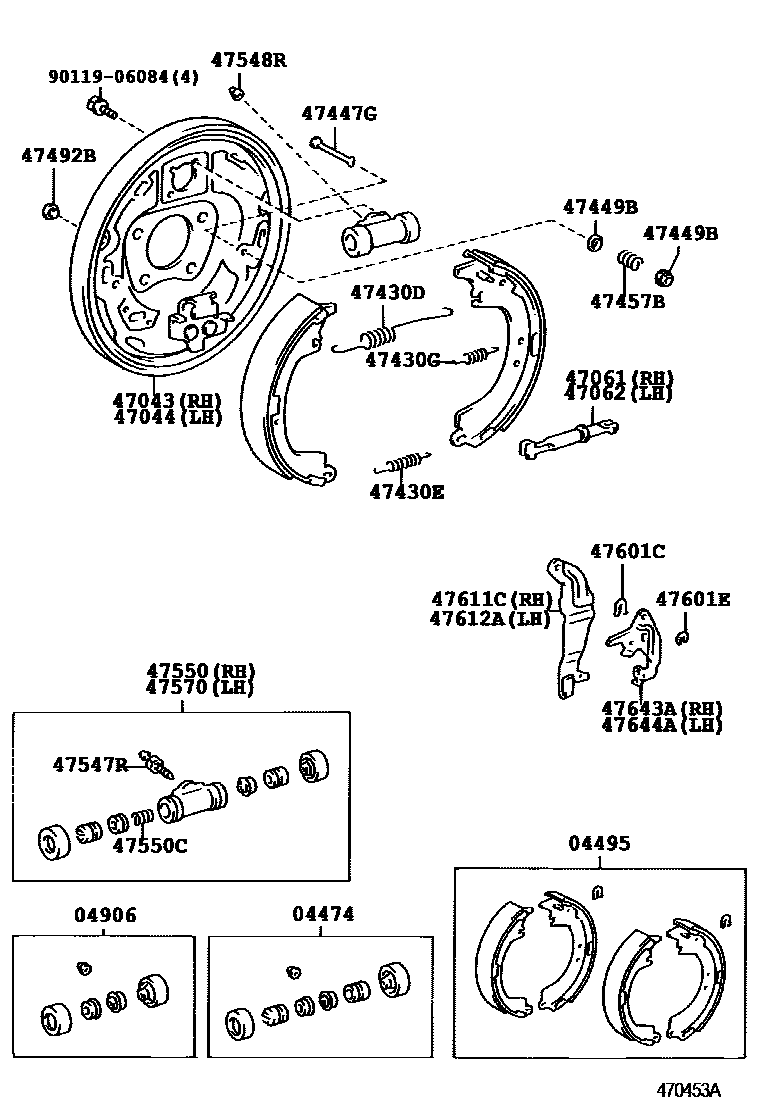 Toyota RAV4 后鼓式制动器分泵和底板 EPC diagram — 470453A