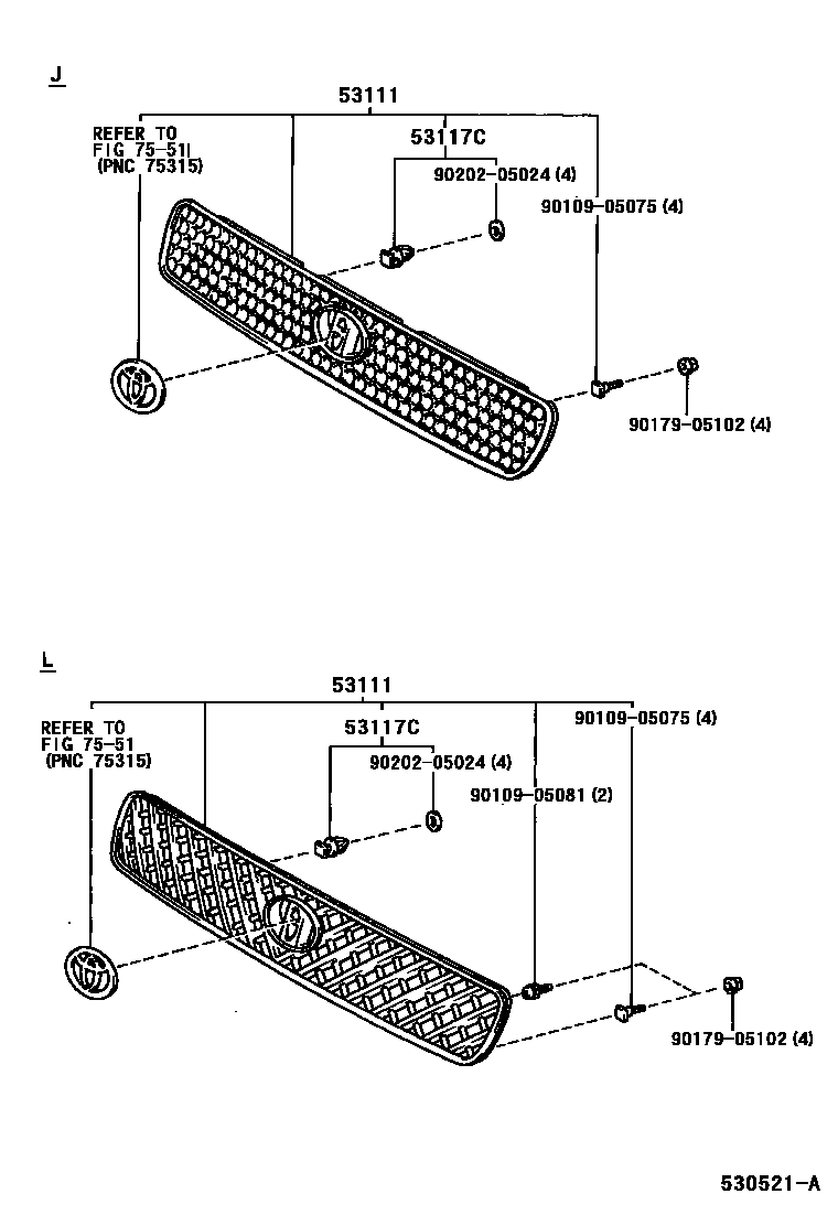 Toyota RAV4 radiator grille EPC diagram — 530521A