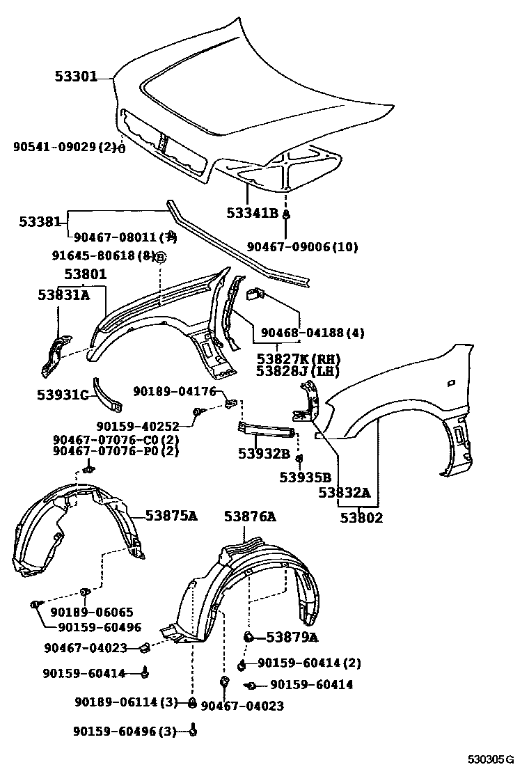 Toyota RAV4 发动机盖和前翼子板 EPC diagram — 530305G