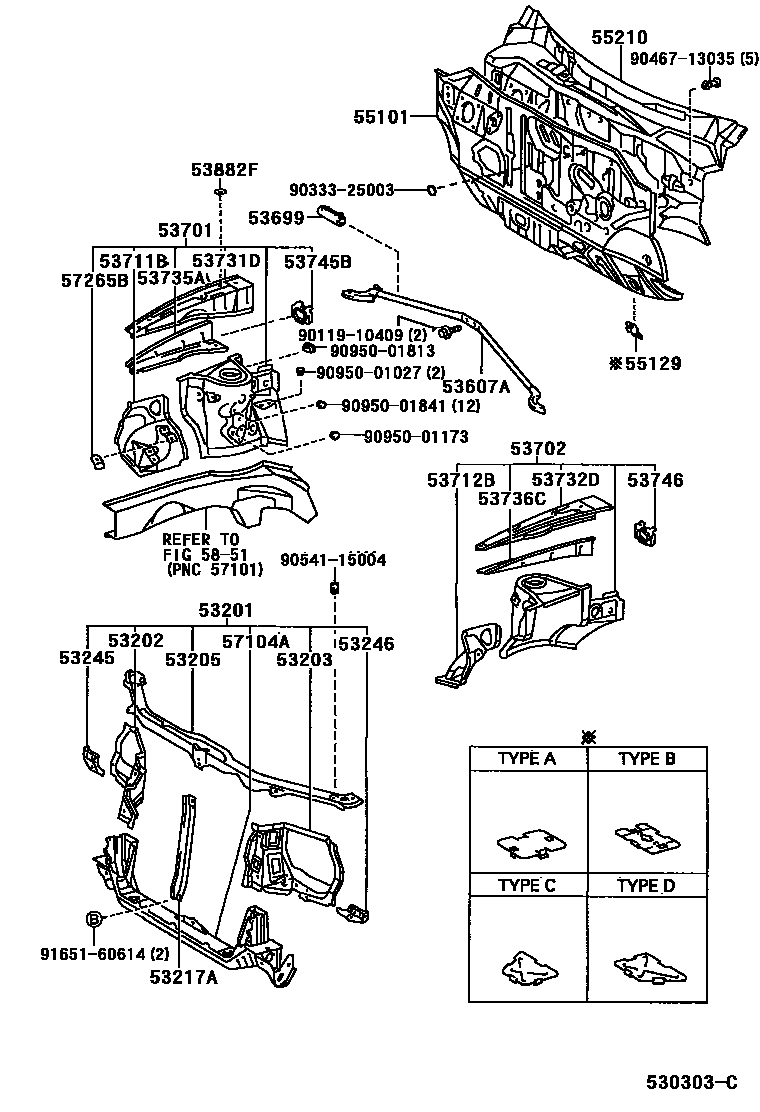 Toyota RAV4 前翼子板挡泥板和前围板 EPC diagram — 530303C