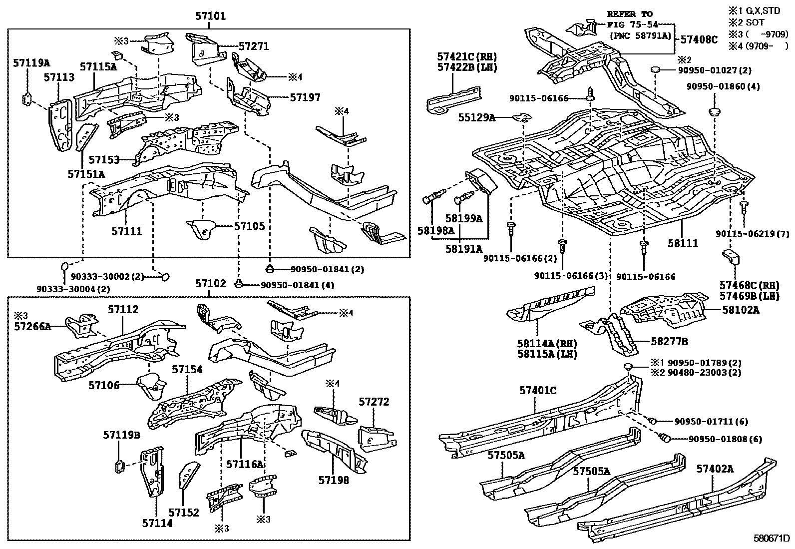 Toyota RAV4 前地板和前地板梁 EPC diagram — 580671D