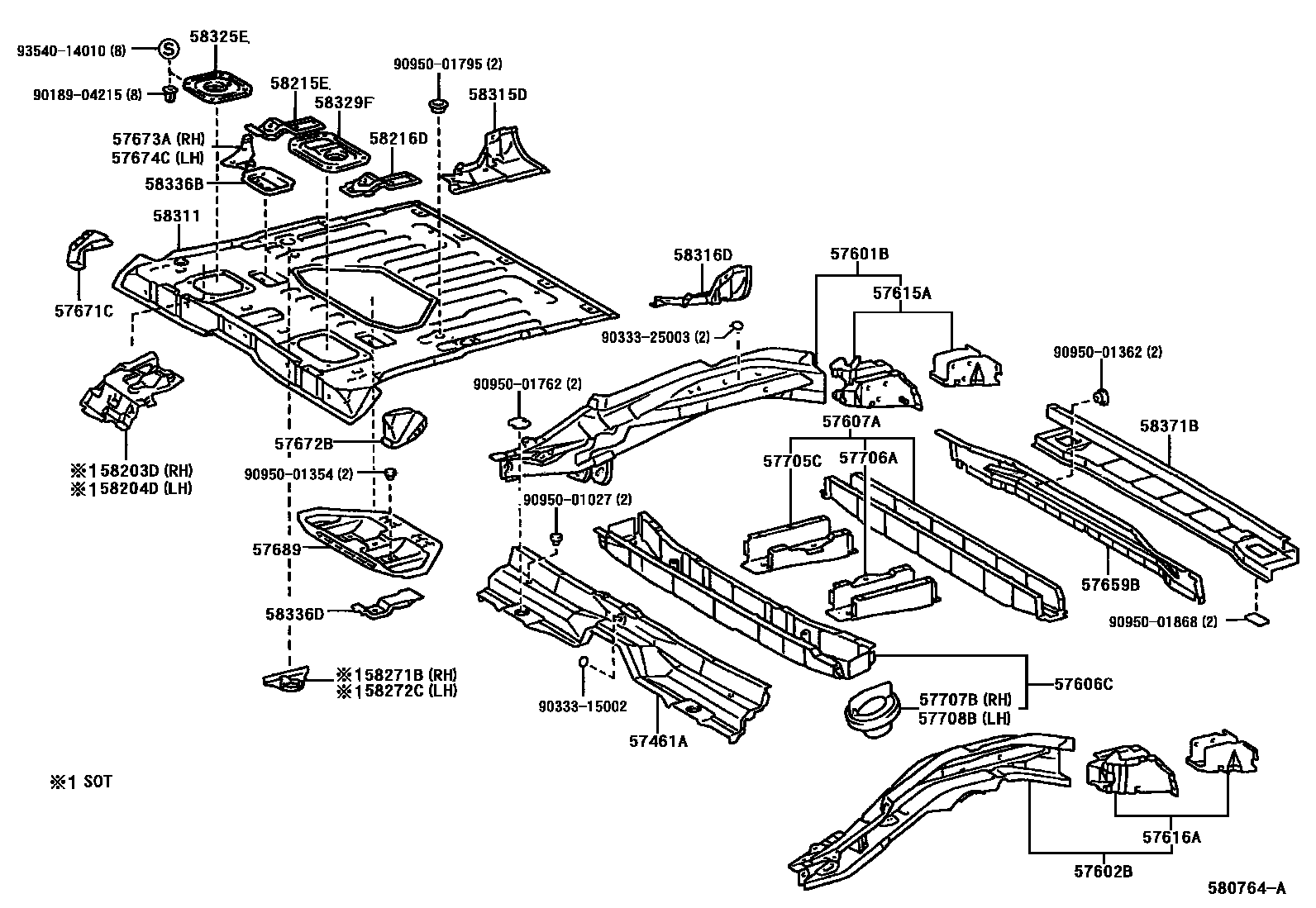 Toyota RAV4 后地板和后地板梁 EPC diagram — 580764A