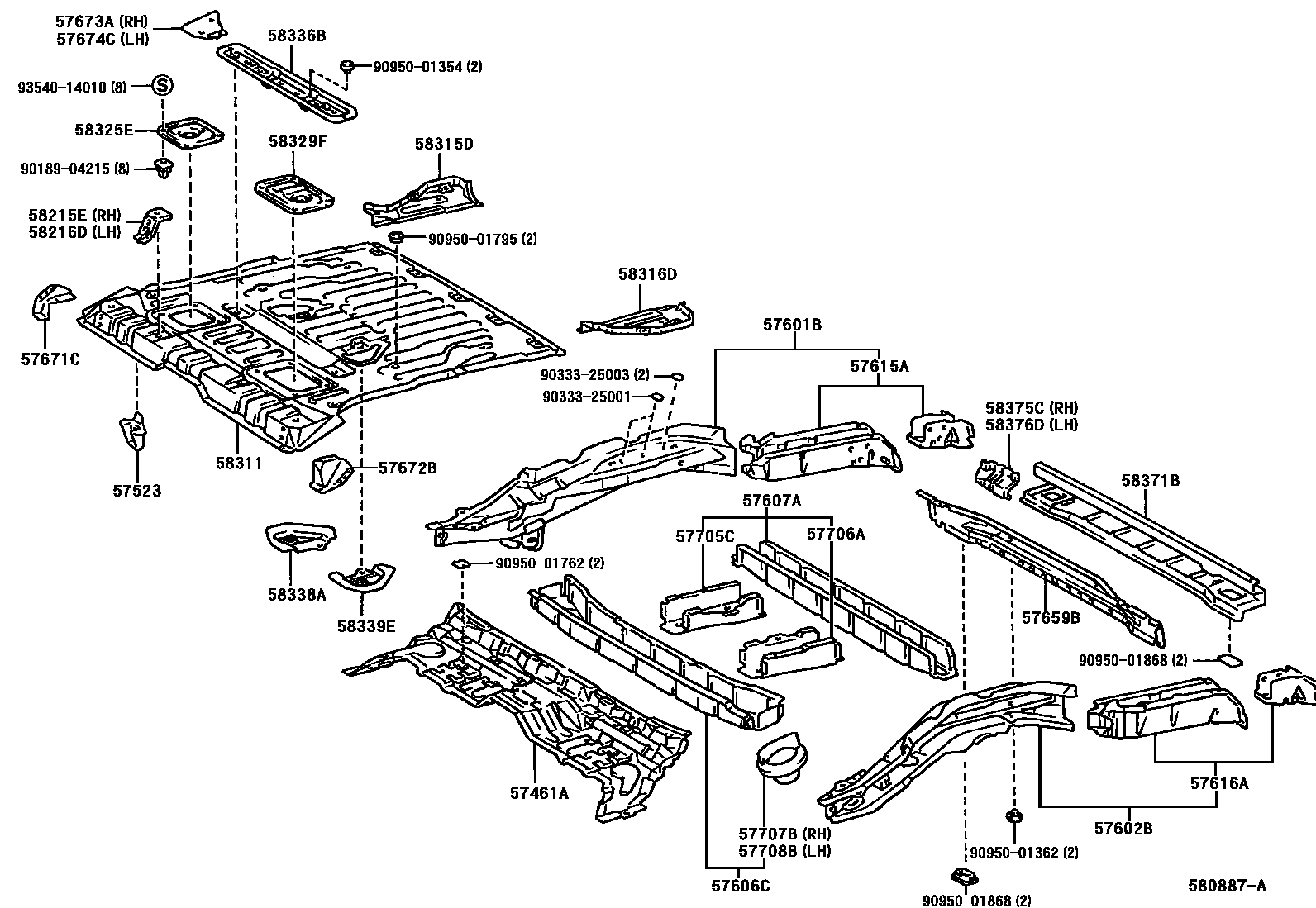 Toyota RAV4 后地板和后地板梁 EPC diagram — 580887A